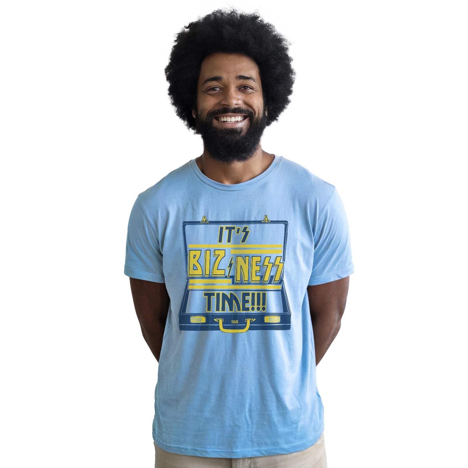 It's Bizness Time Vintage Staple T-shirt in Light Blue Heather On Model - Front View