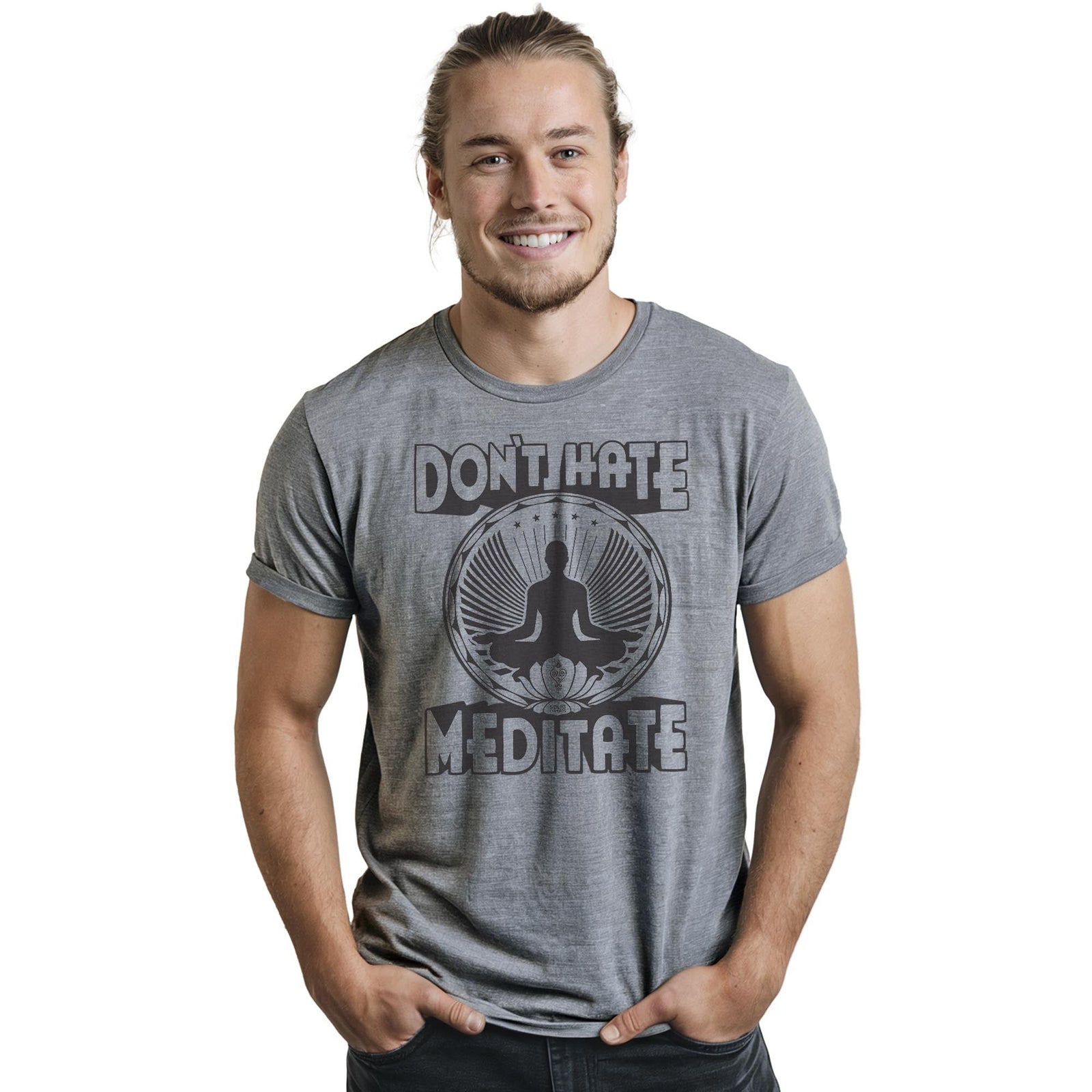 Don't Hate Meditate Cool Staple T-shirt in Ash Heather On Model - Front View
