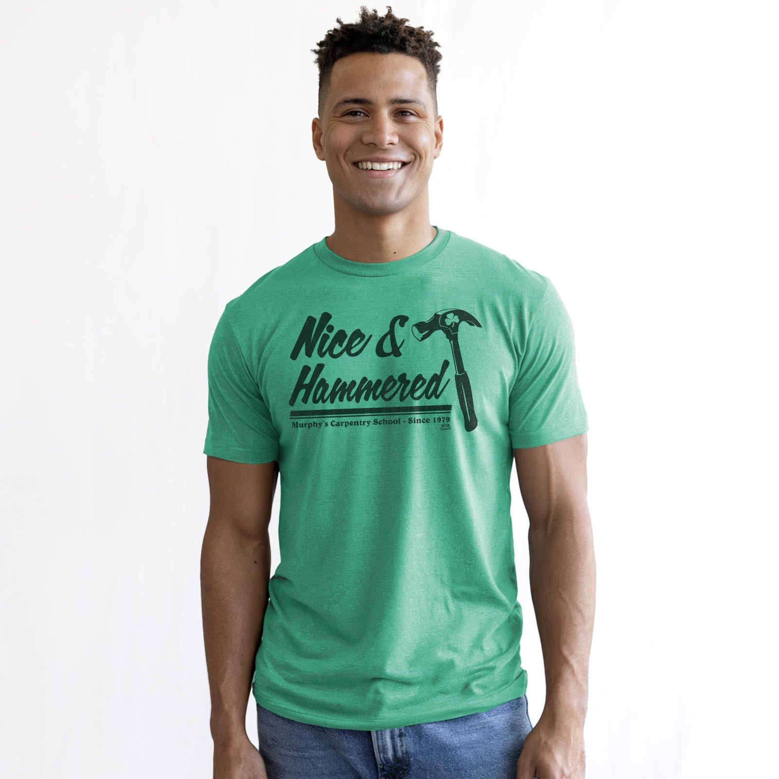 Nice & Hammered Vintage Staple T-shirt in Kelly Heather On Model - Front View