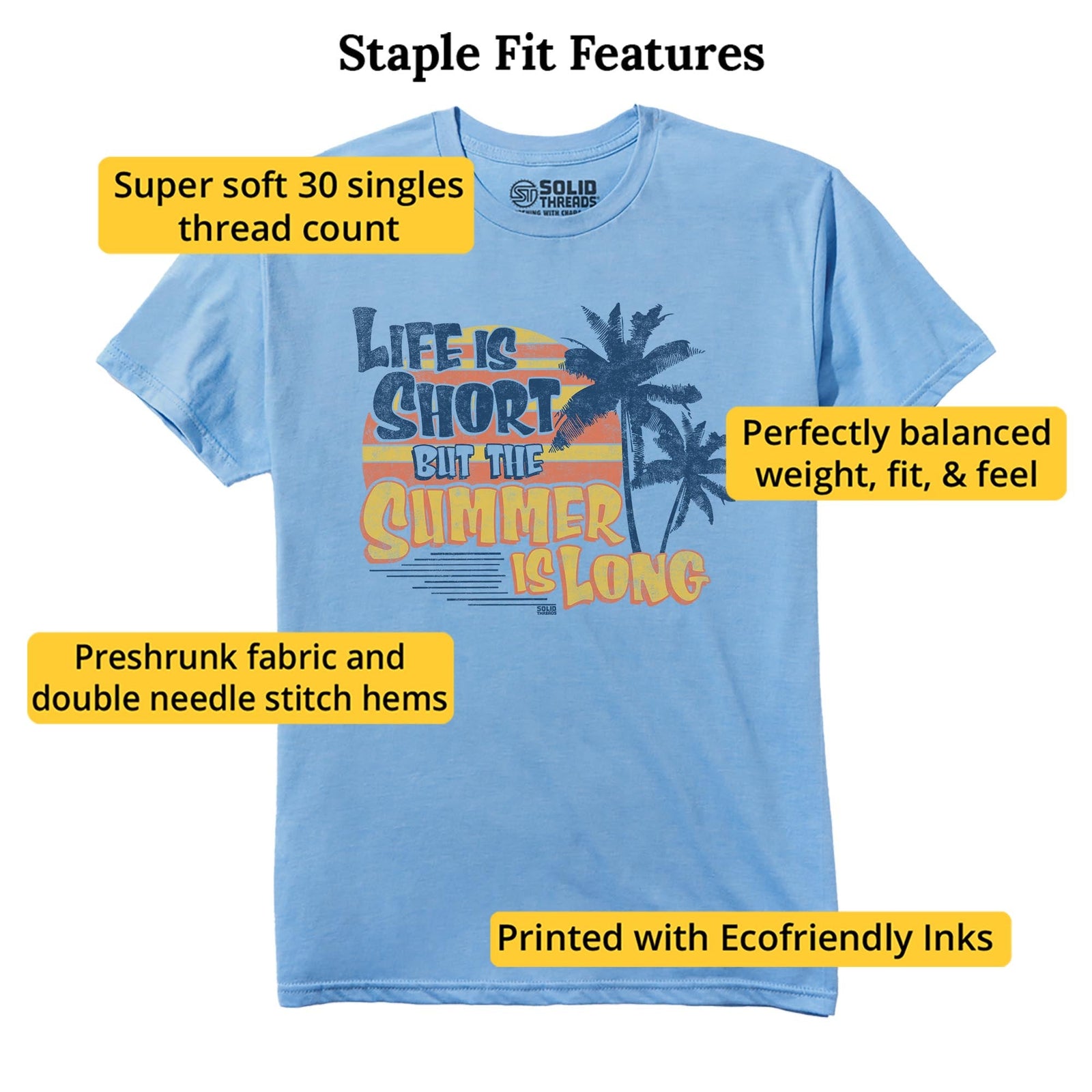 Life Is Short But The Summer Is Long Cool Staple T-shirt in Light Blue Heather - Fit Attributes