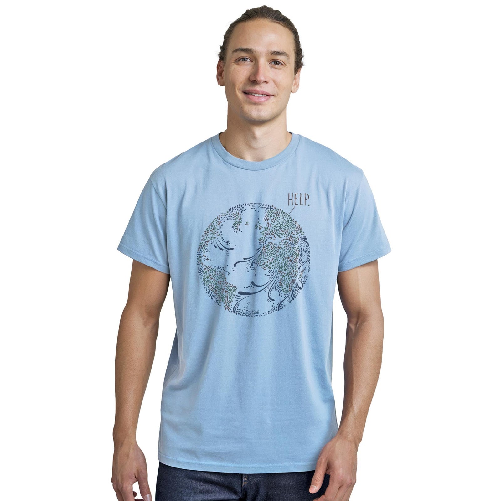 Earth Help Cool Staple T-shirt in Light Blue Heather On Model - Front View