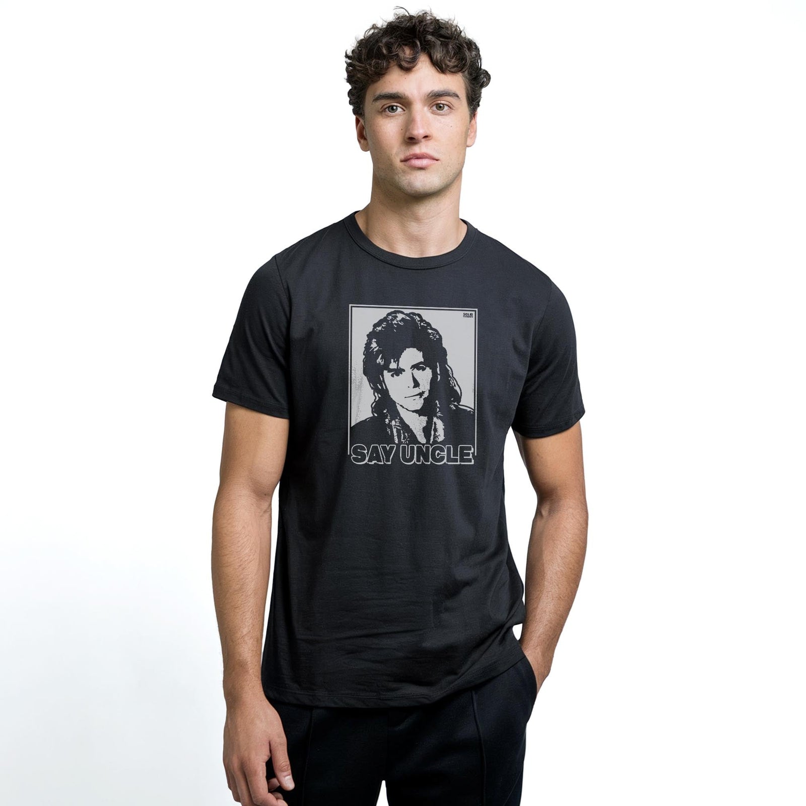 Say Uncle Funny Staple T-shirt in Black On Model - Front View