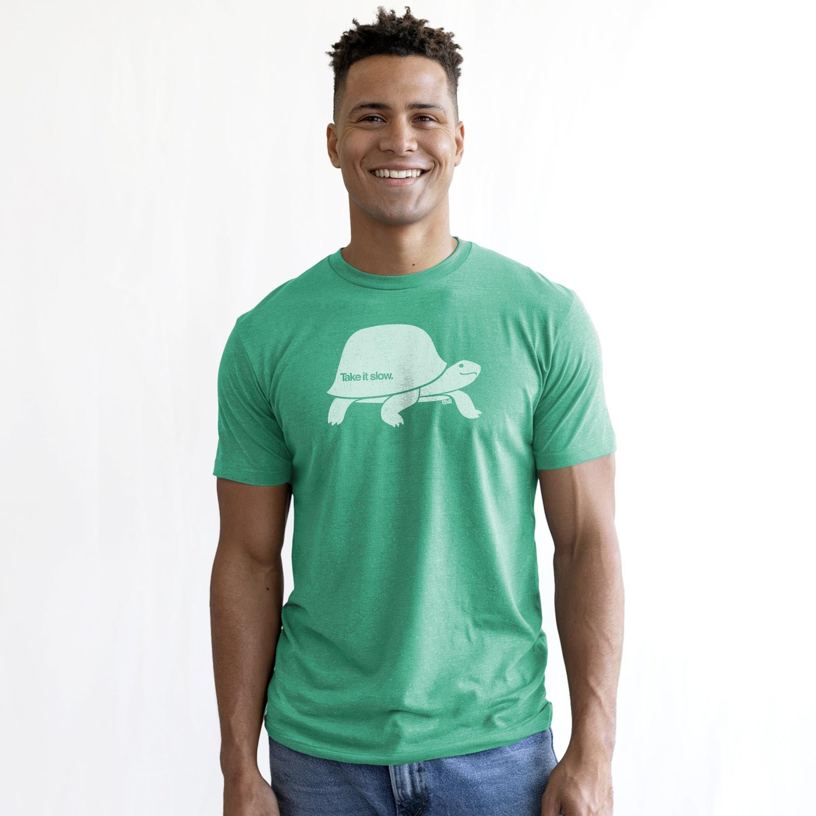 Take It Slow Vintage Staple T-shirt in Kelly Heather On Model - Front View