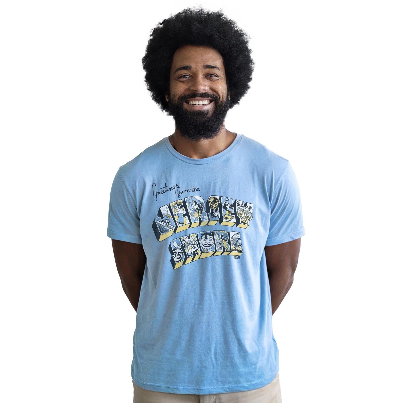 Greetings From The Jersey Shore Cool Staple T-shirt in Light Blue Heather On Model - Front View