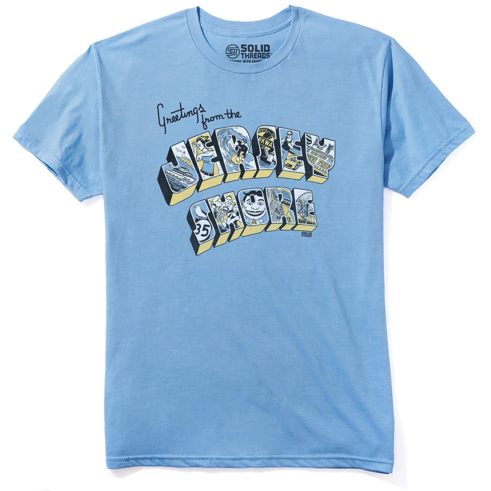 Greetings From The Jersey Shore Cool Staple T-shirt in Light Blue Heather - Front View