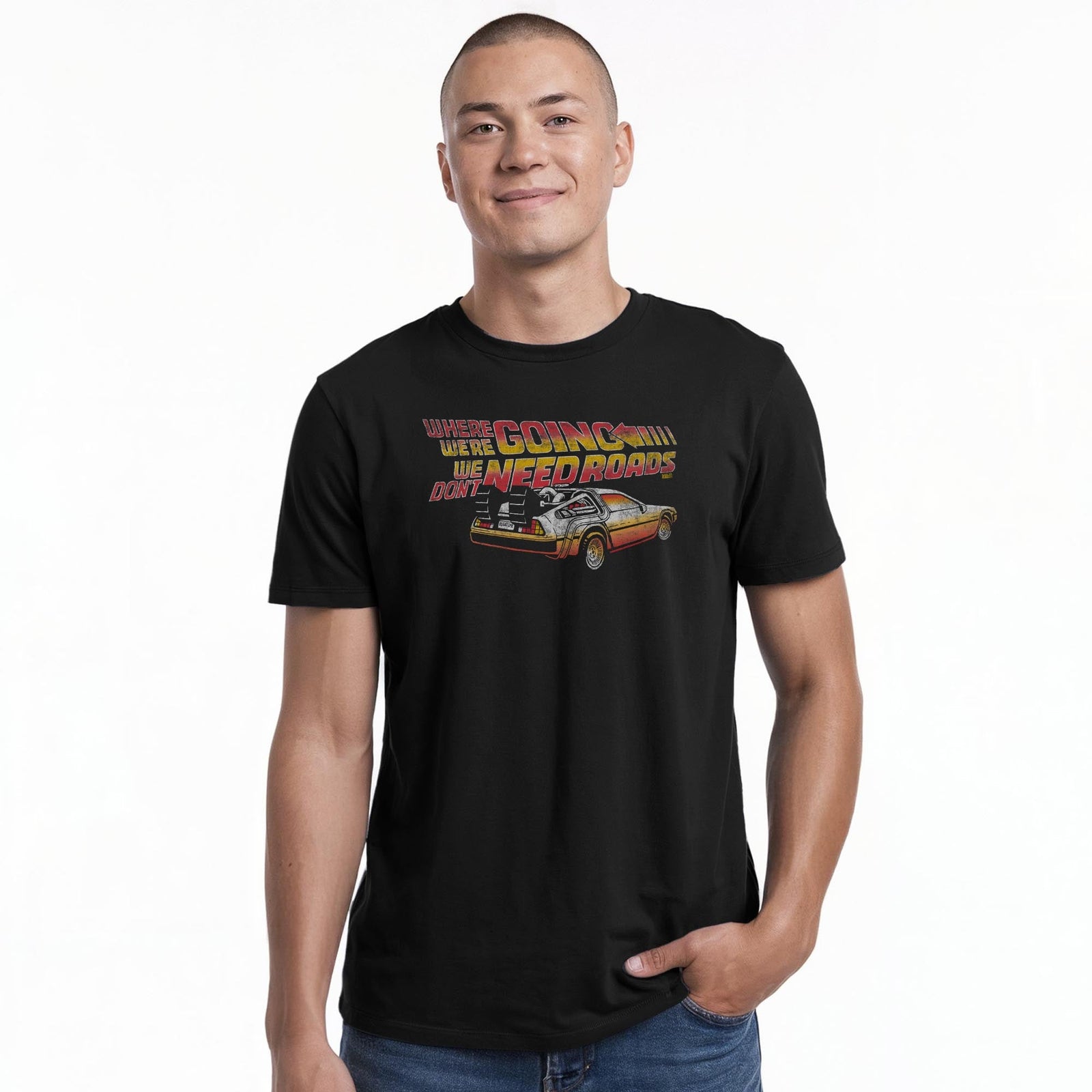Where We're Going We Don't Need Roads Cool Staple T-shirt in Black On Model - Front View