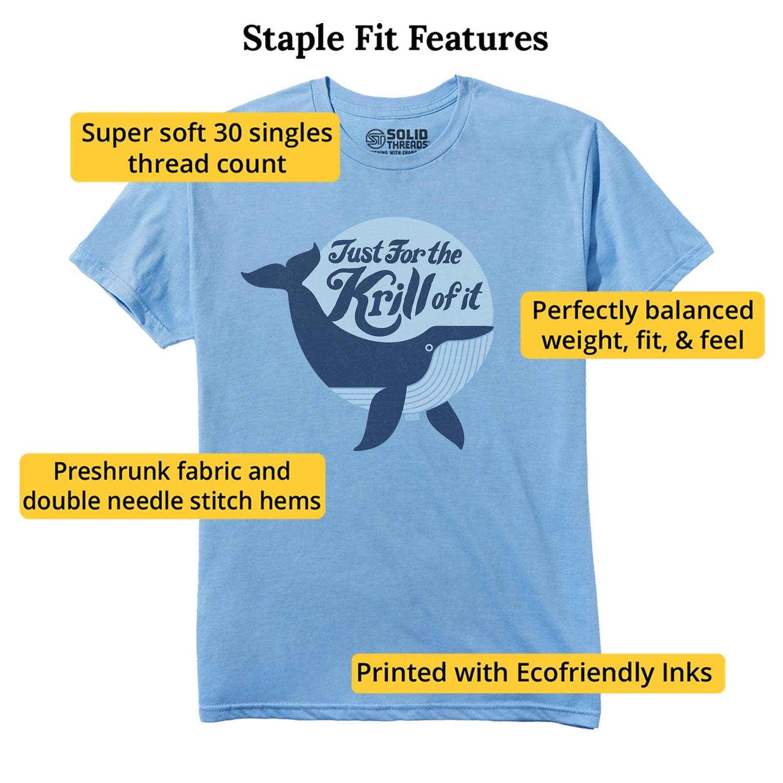 Just For The Krill Of It Retro Staple T-shirt in Light Blue Heather - Fit Attributes