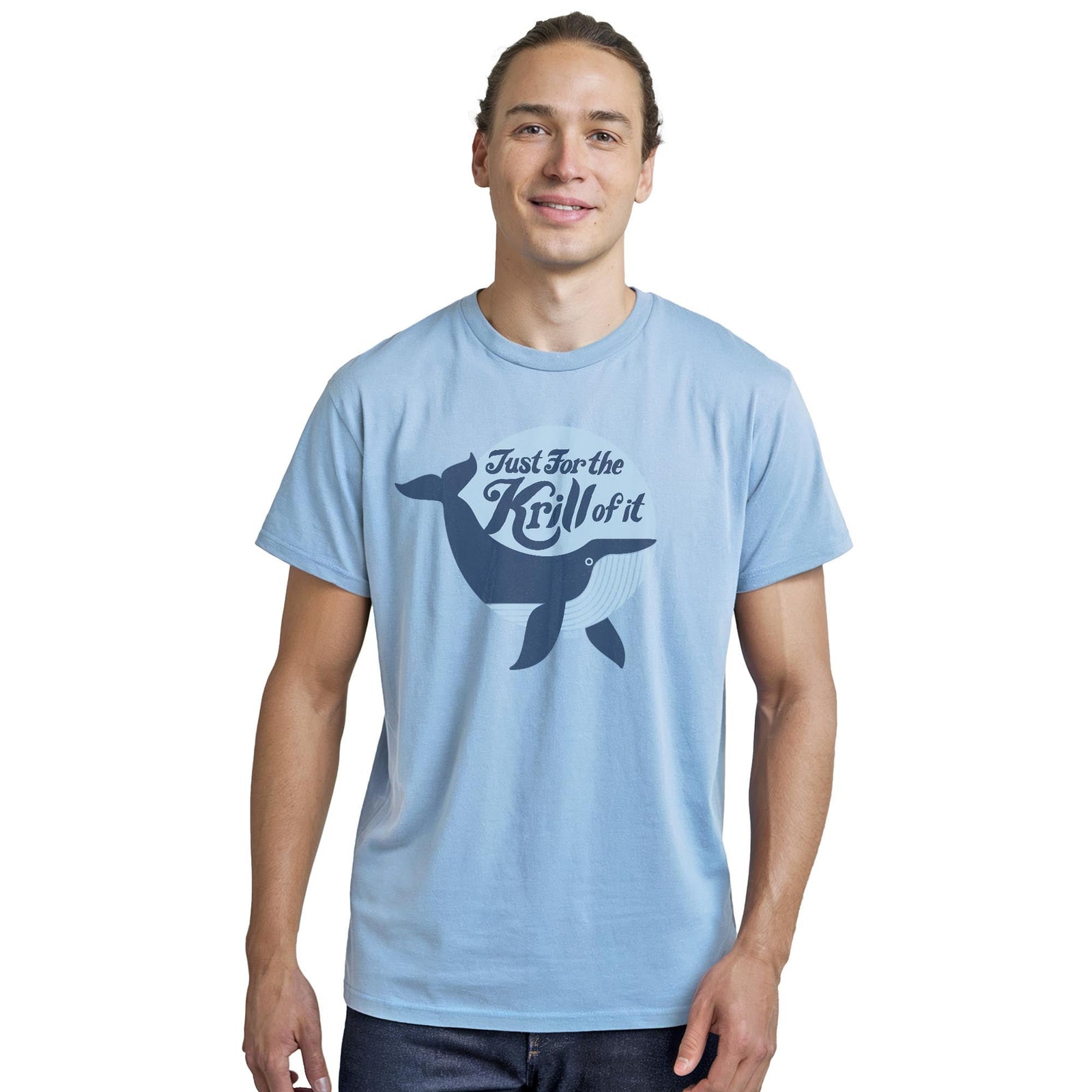 Just For The Krill Of It Retro Staple T-shirt in Light Blue Heather On Model - Front View