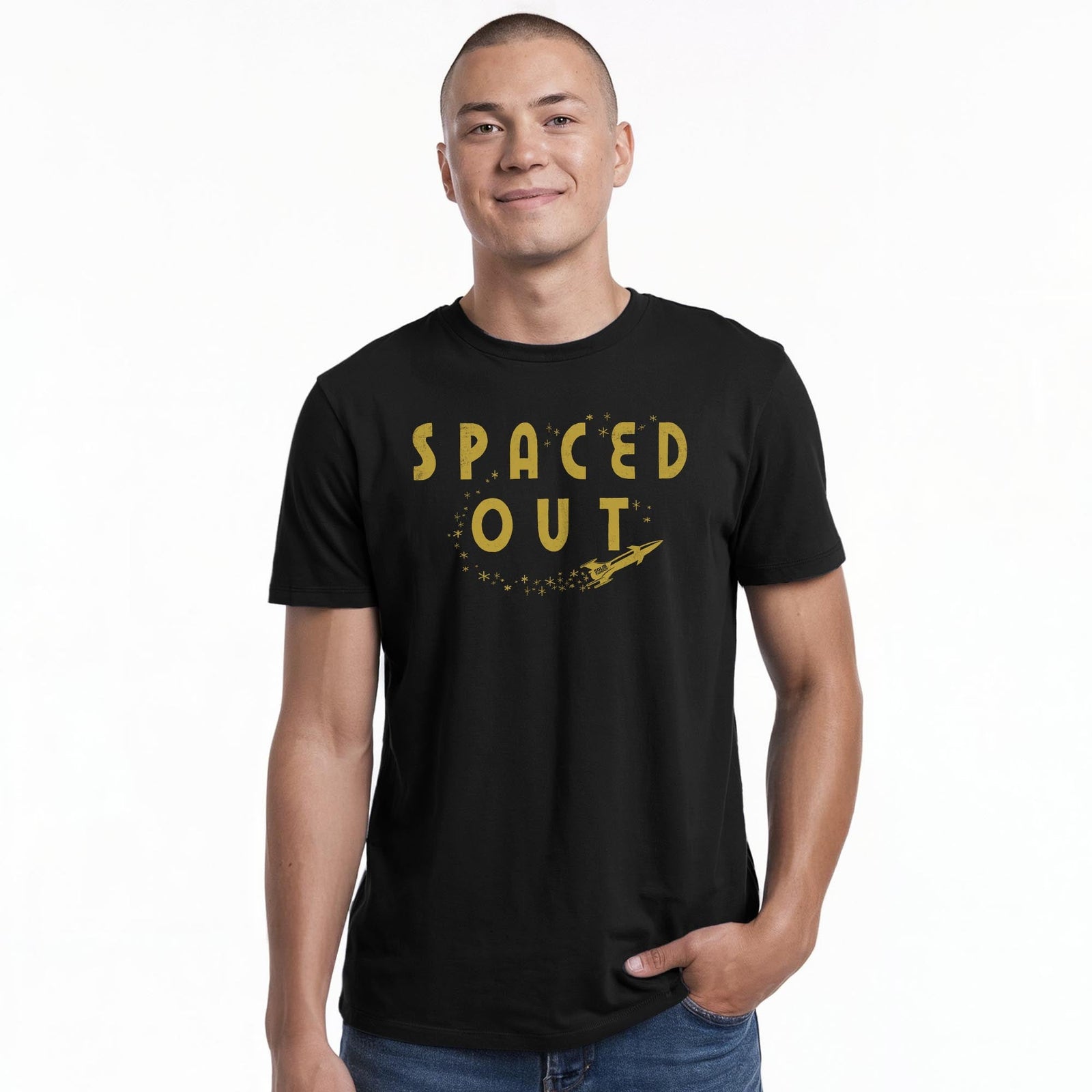 Spaced Out Vintage Staple T-shirt in Black On Model - Front View
