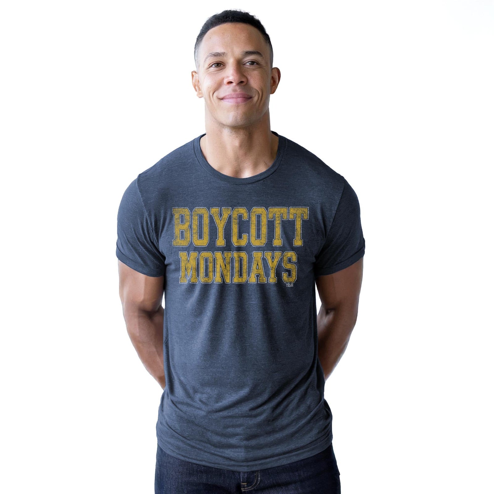 Boycott Mondays Vintage Staple T-shirt in Navy Heather On Model - Front View