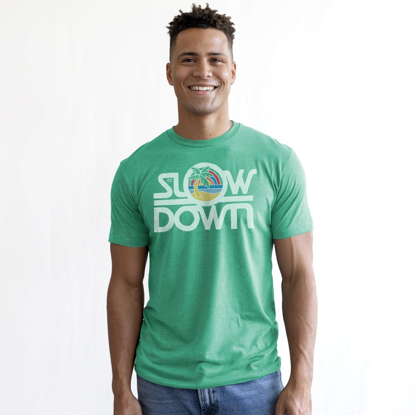 Slow Down Vintage Staple T-shirt in Kelly Heather On Model - Front View