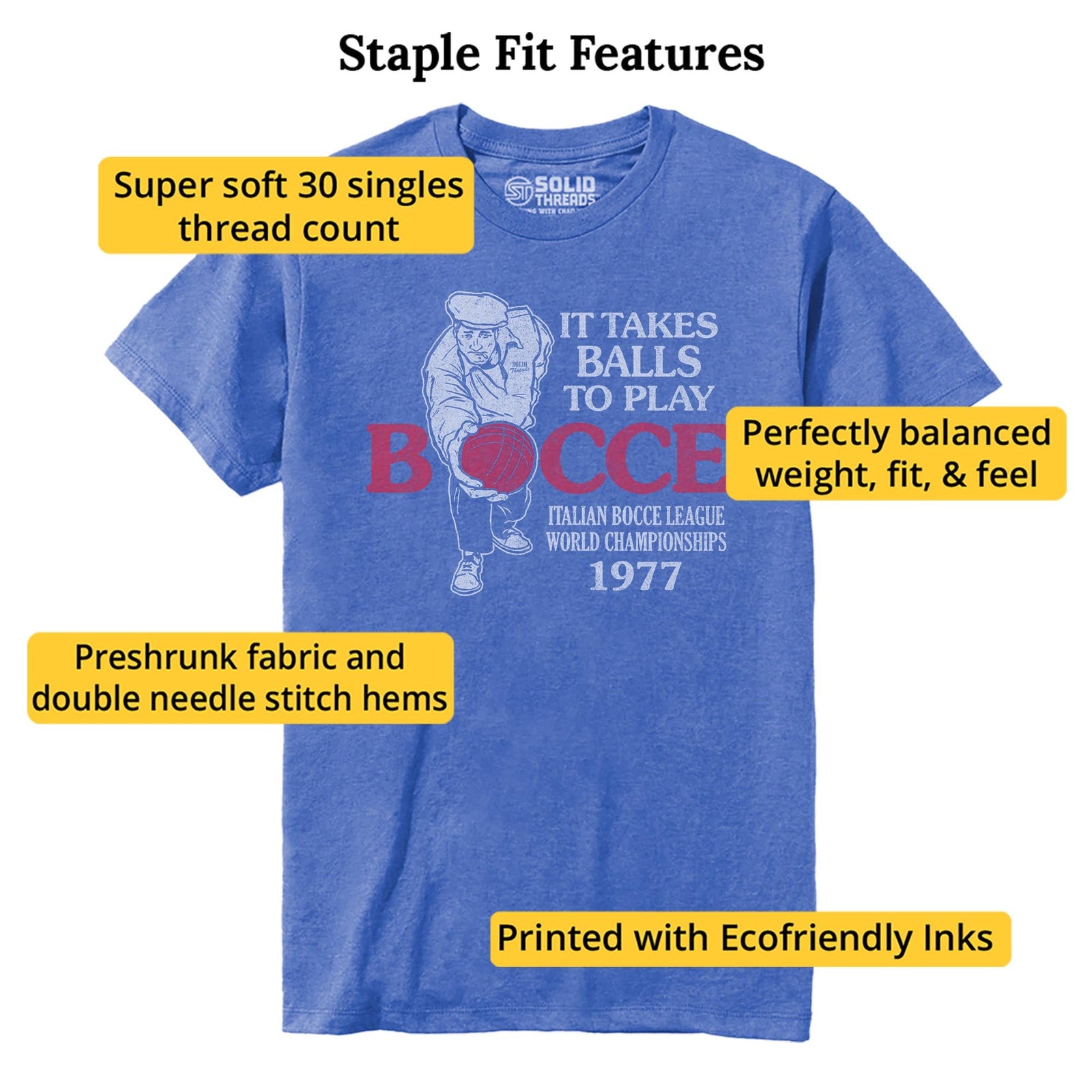 It Takes Balls To Play Bocce Funny Staple T-shirt in Royal Heather - Fit Attributes