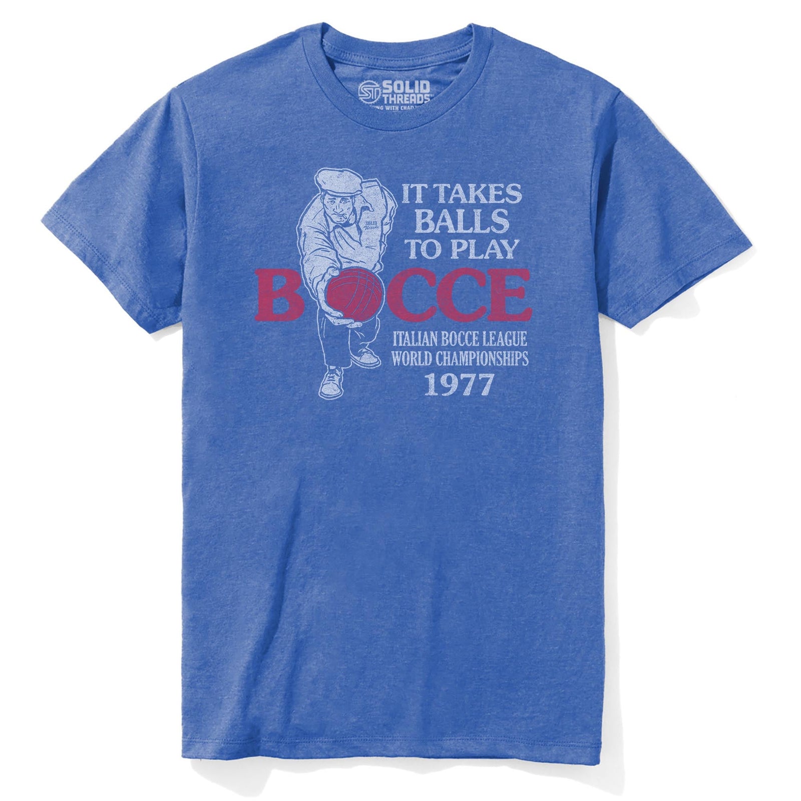 It Takes Balls To Play Bocce Funny Staple T-shirt in Royal Heather - Front View