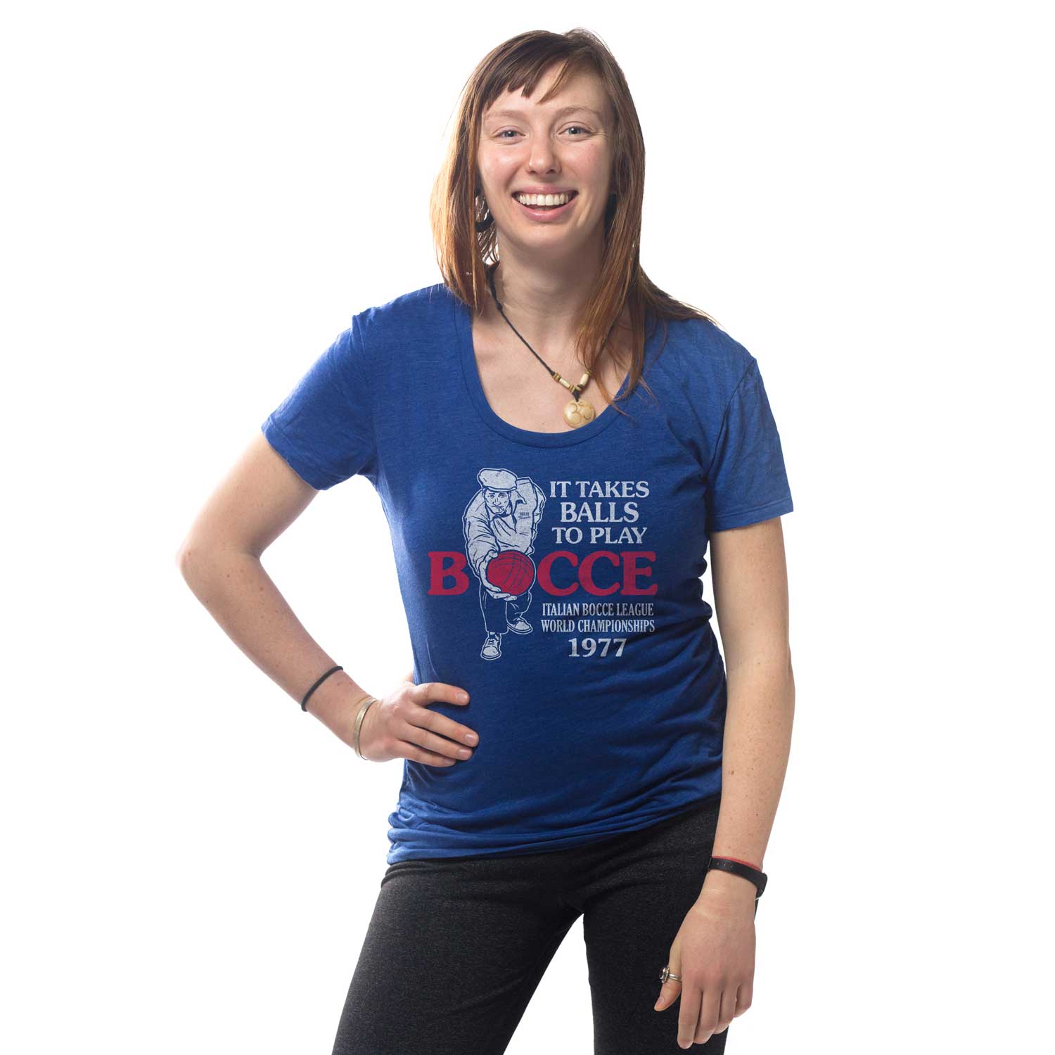 Women's It Takes Balls to Play Bocce Graphic Tee | Retro Sports T-shirt on Model | Solid Threads