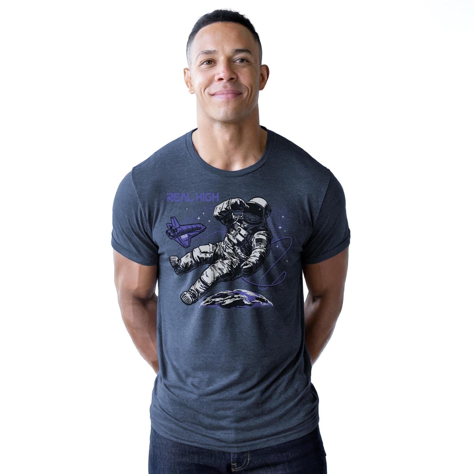 Real High Vintage Staple T-shirt in Navy Heather On Model - Front View
