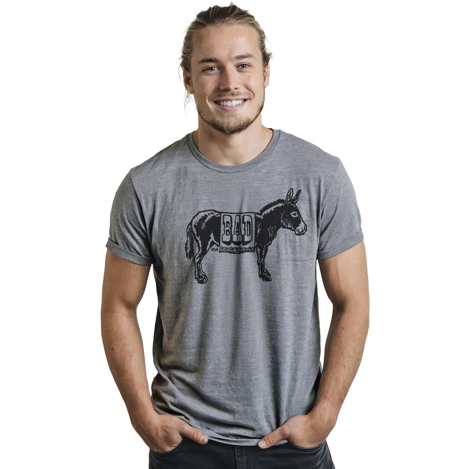 Bad Ass Funny Staple T-shirt in Ash Heather On Model - Front View