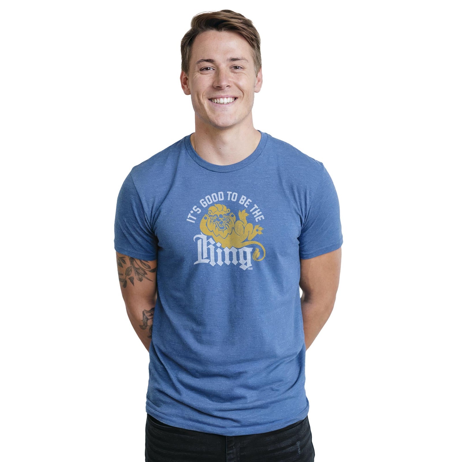 It's Good To Be The King Vintage Staple T-shirt in Royal Heather On Model - Front View