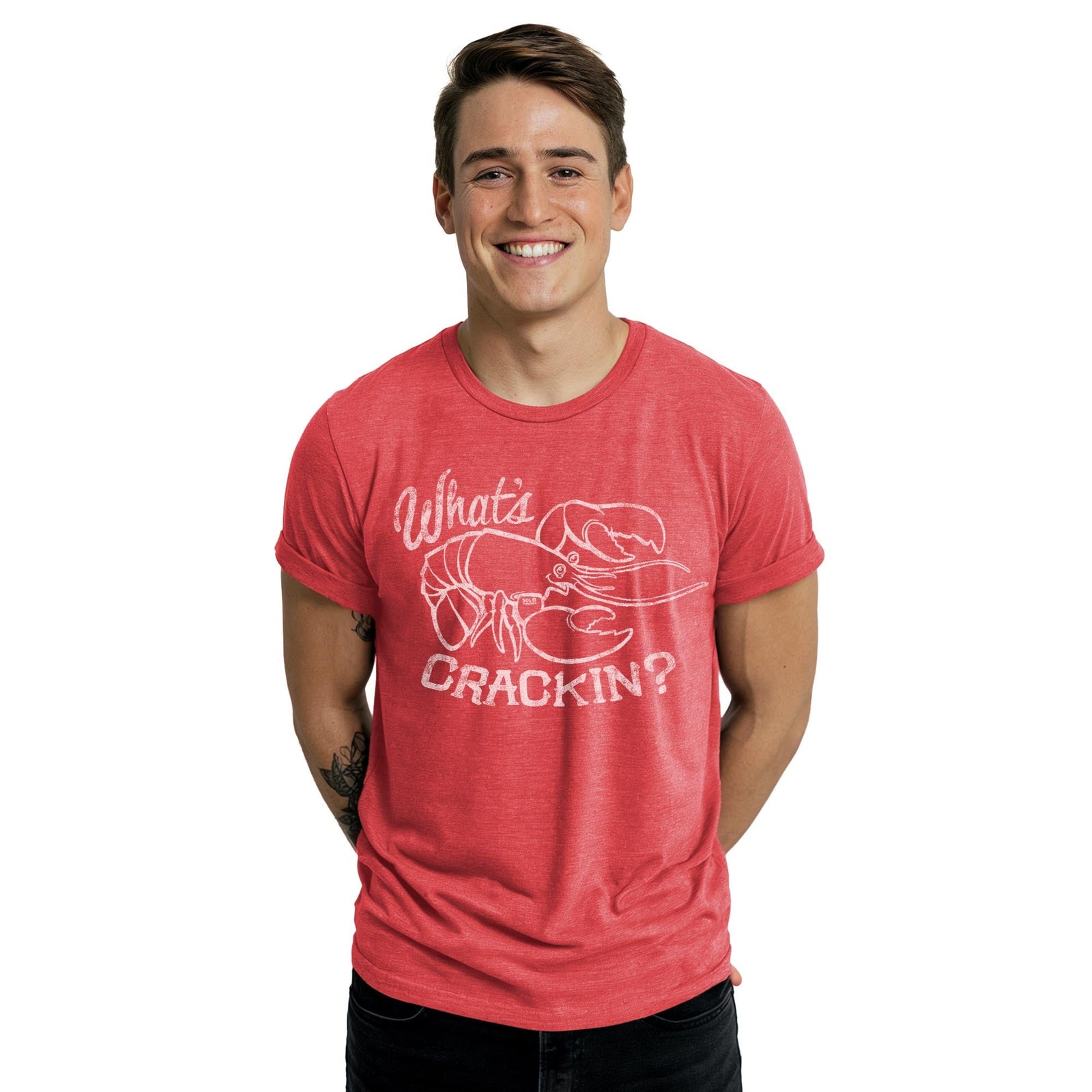 What's Crackin Funny Staple T-shirt in Red Heather On Model - Front View