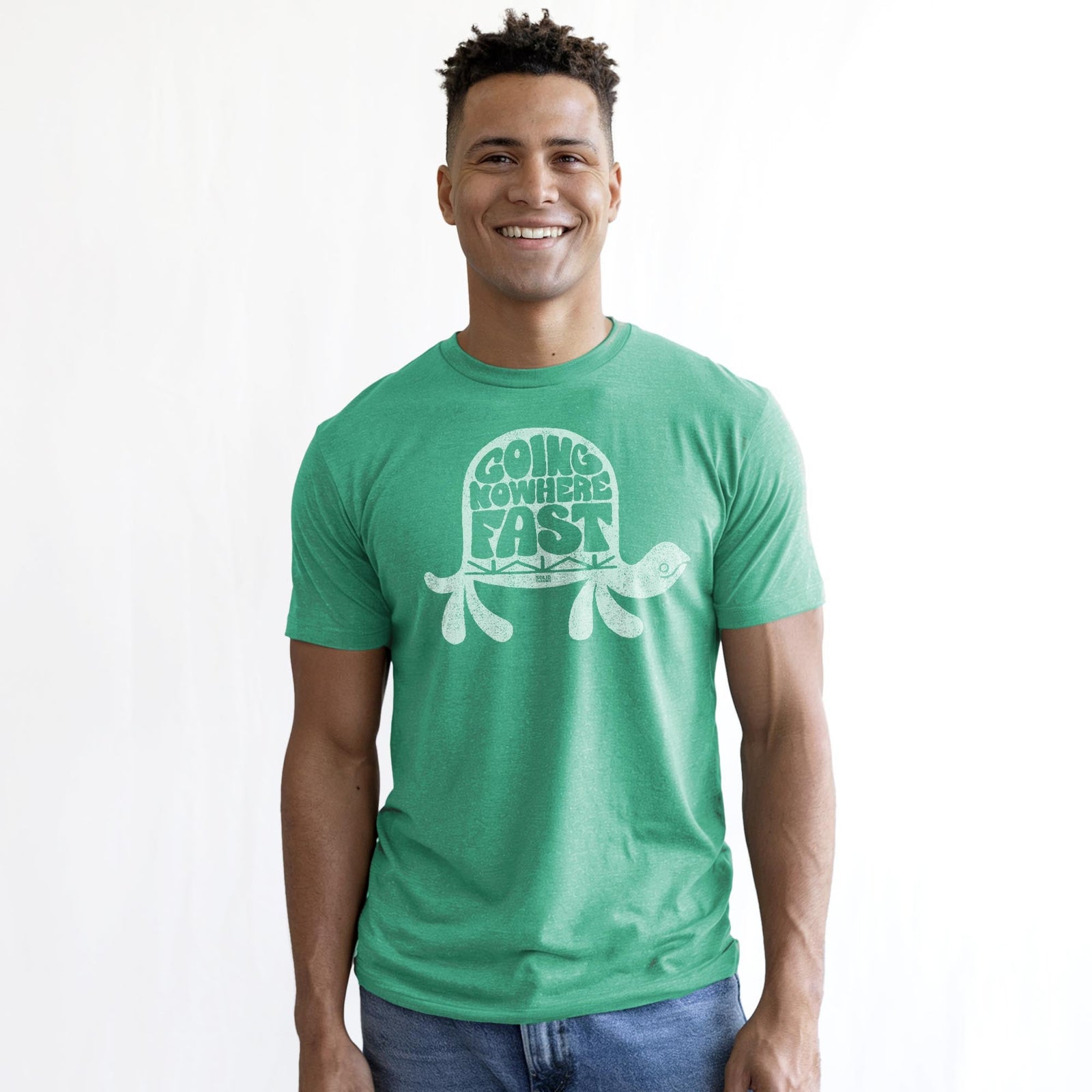 Going Nowhere Fast Vintage Staple T-shirt in Kelly Heather On Model - Front View