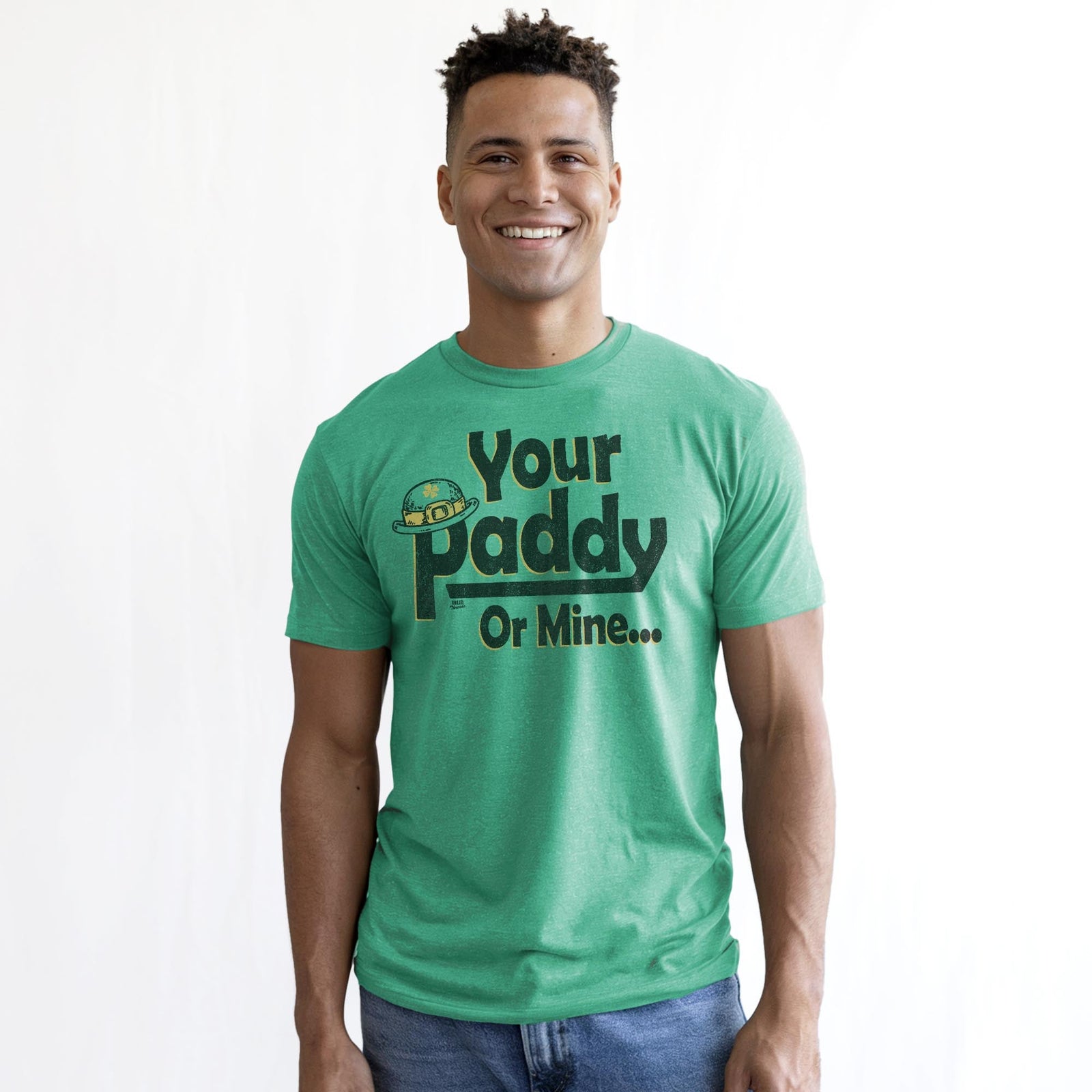 Your Paddy Or Mine... Vintage Staple T-shirt in Kelly Heather On Model - Front View
