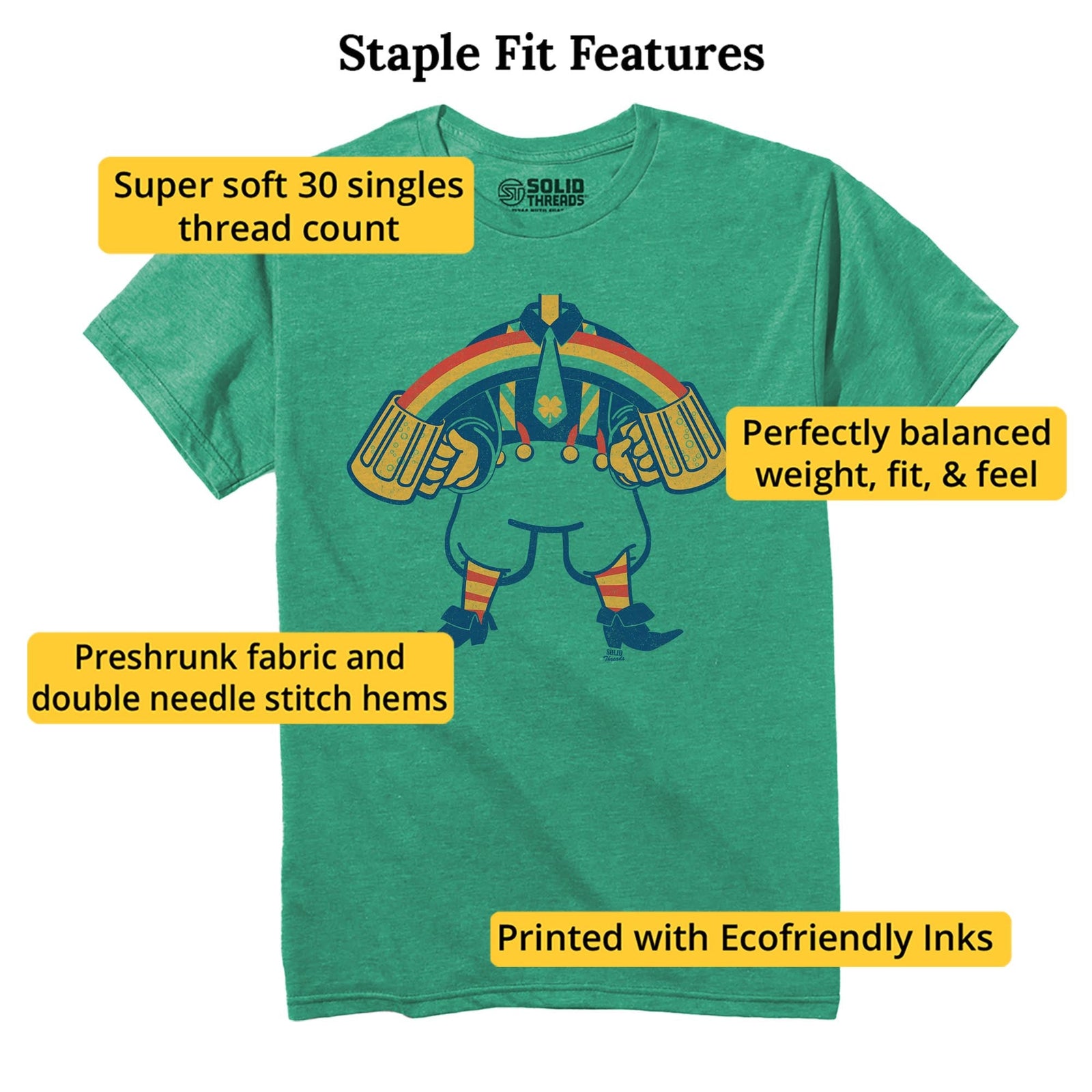 Rainbow Leprechaun Cool Staple T-shirt in Kelly Heather - Fit Attributes