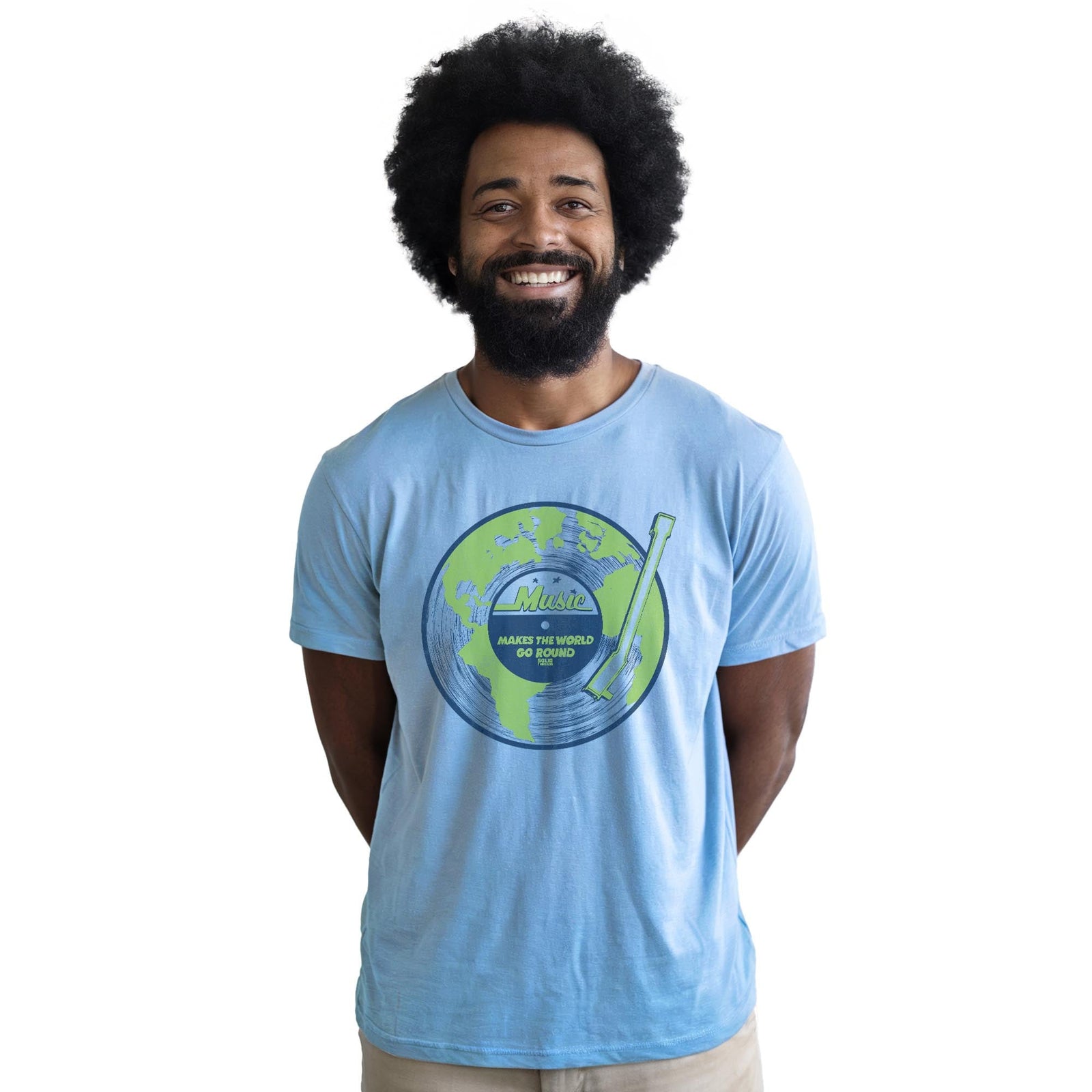 Music Makes The World Go Round Cool Staple T-shirt in Light Blue Heather On Model - Front View