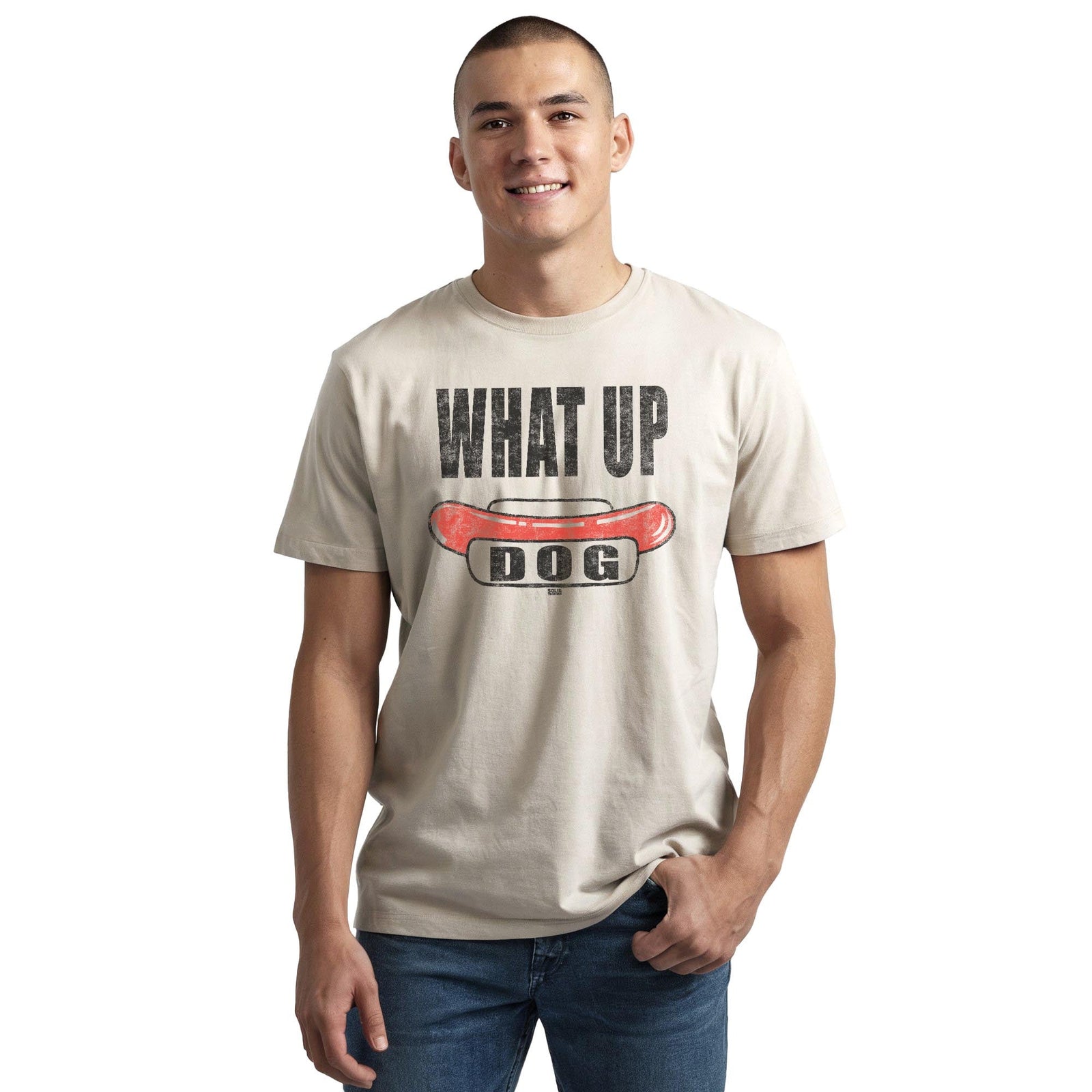 What Up Dog Vintage Staple T-shirt in Natural On Model - Front View
