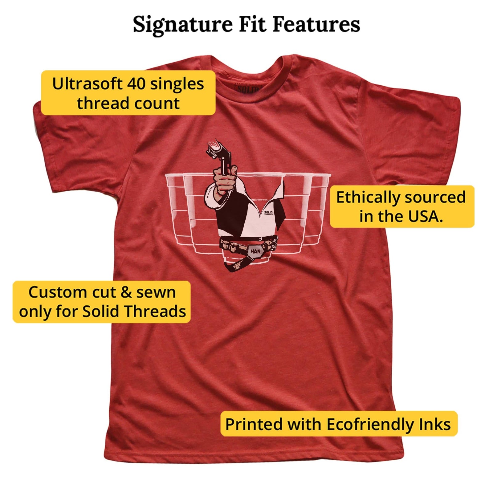 Han Solo Cup Vintage Signature T-shirt in Red - Fit Attributes