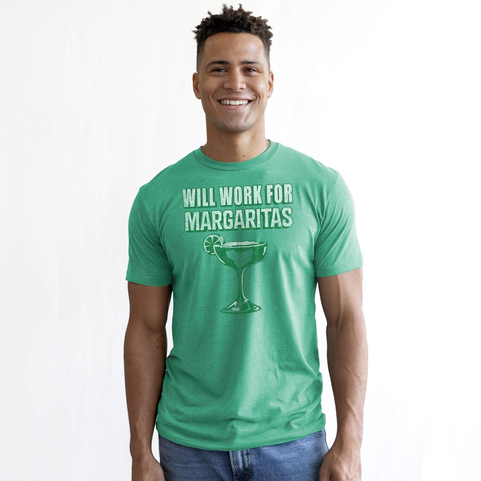 Will Work For Margaritas Vintage Staple T-shirt in Kelly Heather On Model - Front View
