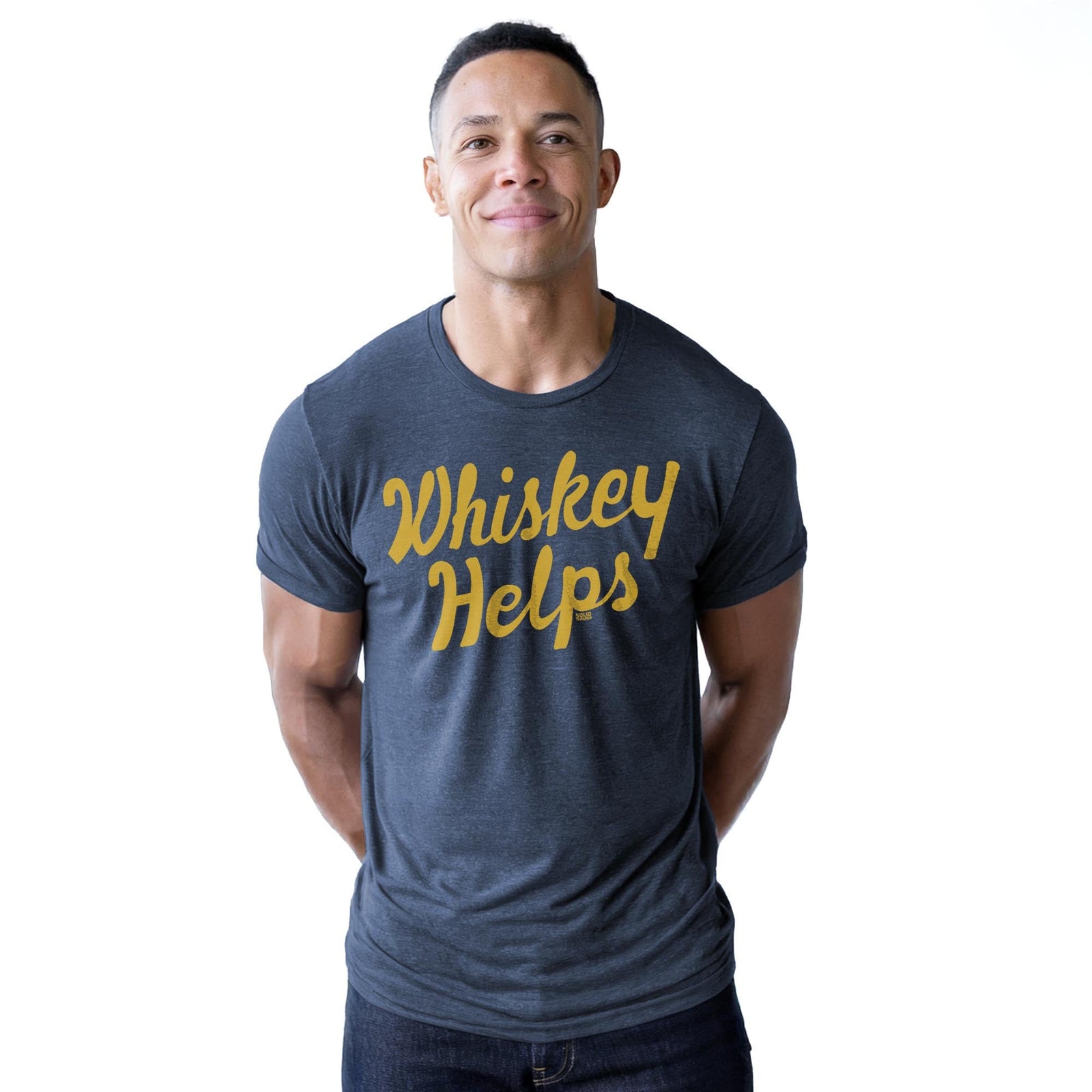 Whiskey Helps Cool Staple T-shirt in Navy Heather On Model - Front View