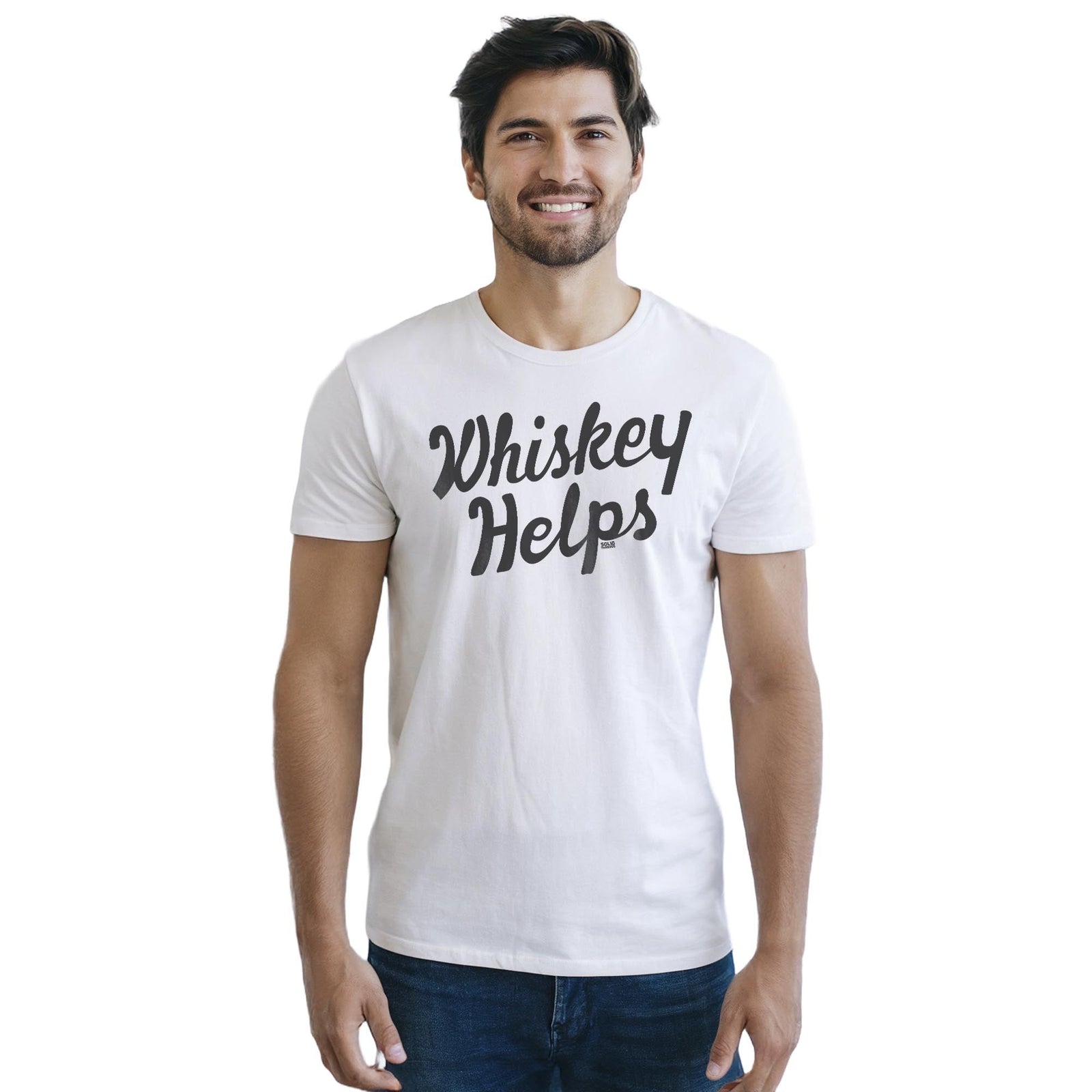Whiskey Helps Cool Staple T-shirt in White On Model - Front View