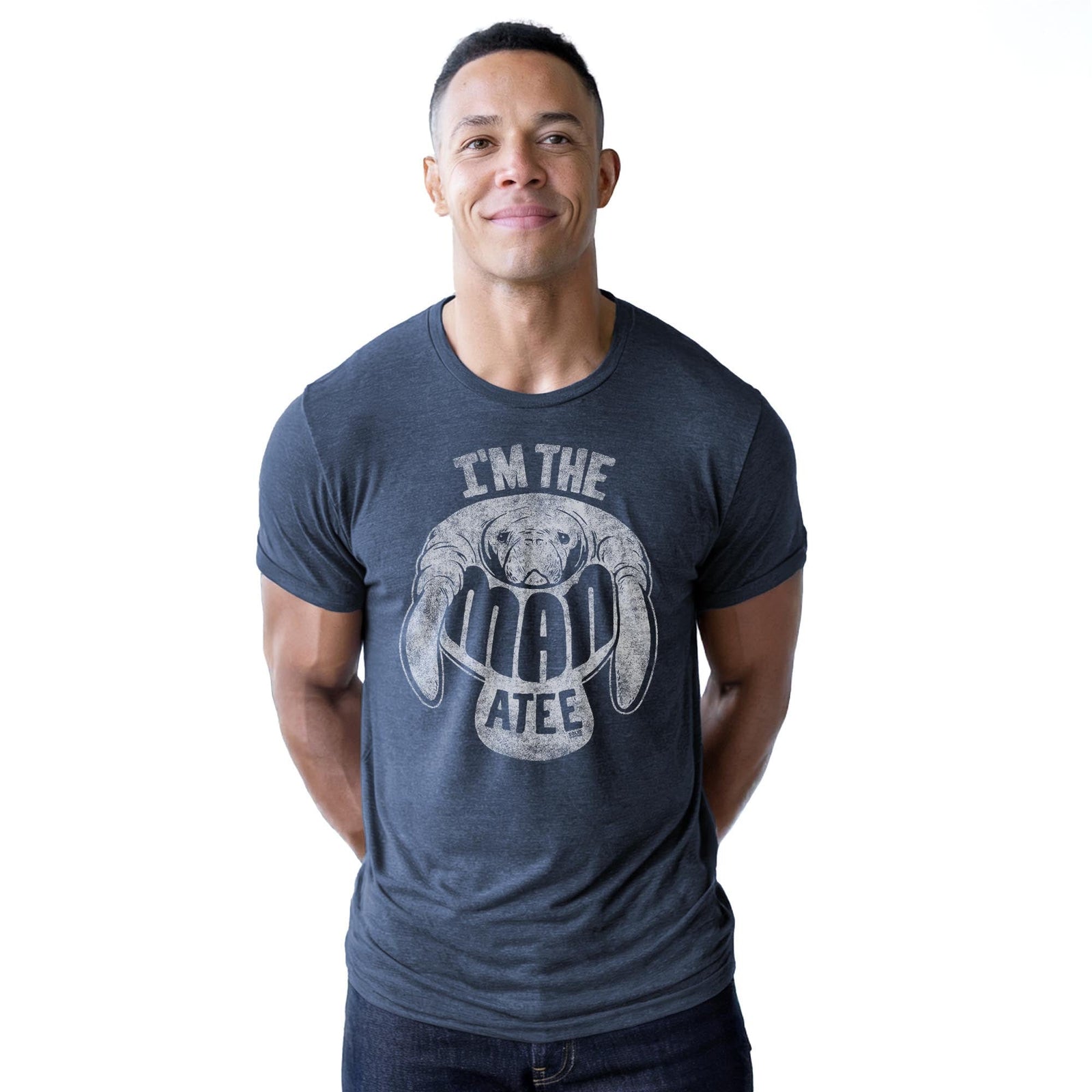 The Manatee Vintage Staple T-shirt in Navy Heather On Model - Front View