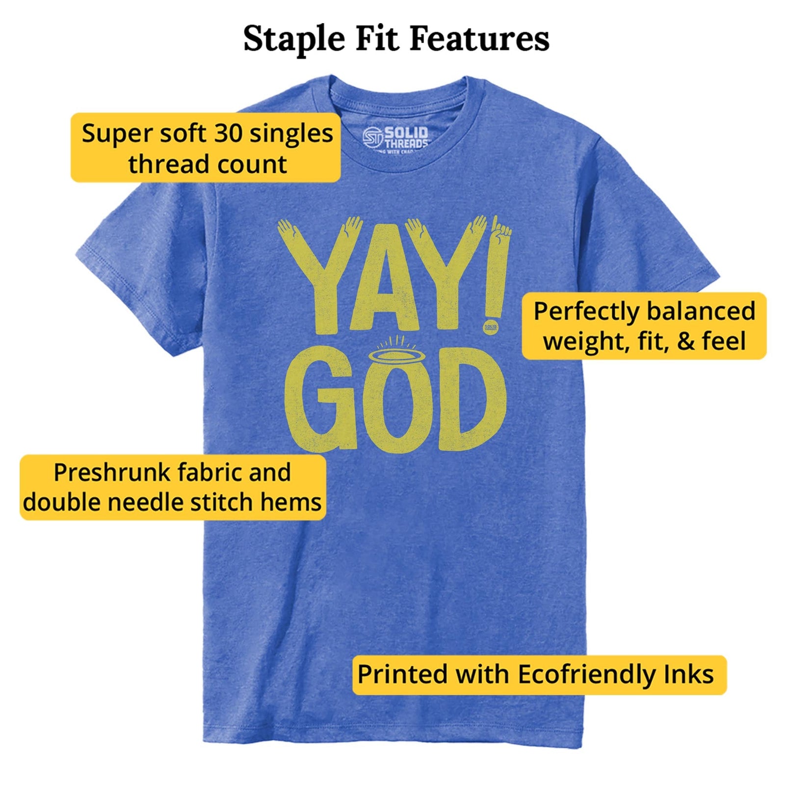 Yay God Vintage Staple T-shirt in Royal Heather - Fit Attributes