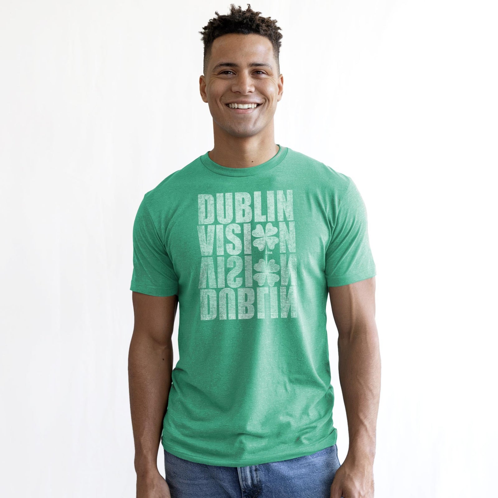 Dublin Vision Vintage Staple T-shirt in Kelly Heather On Model - Front View