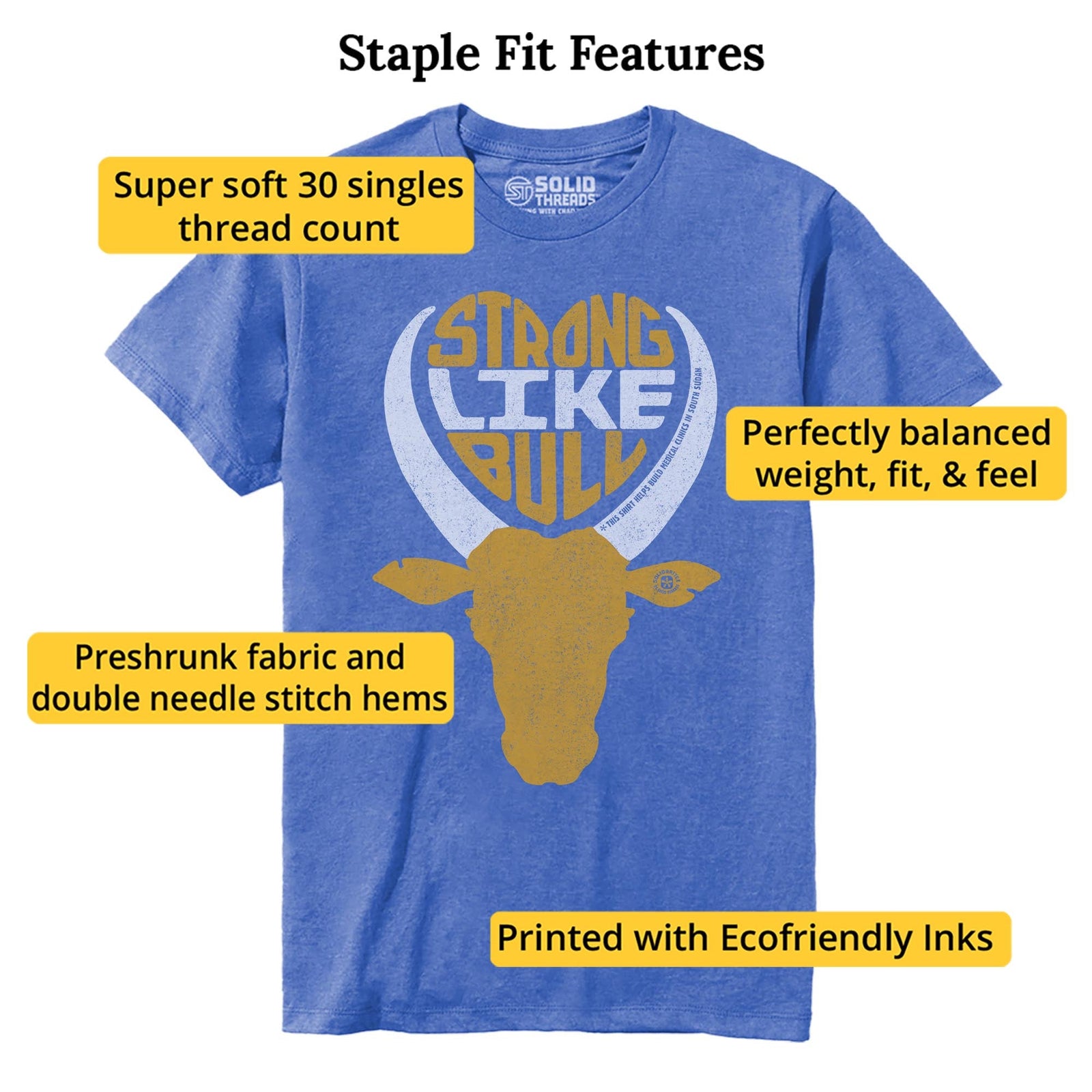 Strong Like Bull | Supports World Health Cool Staple T-shirt in Royal Heather - Fit Attributes