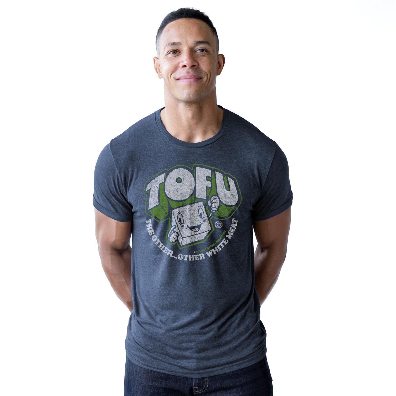 Tofu,the Other Other White Meat | Supports Animal Rights Vintage Staple T-shirt in Navy Heather On Model - Front View
