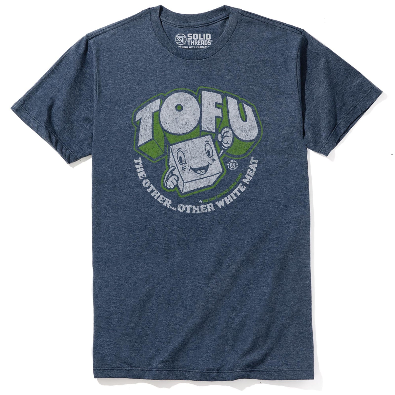 Tofu,the Other Other White Meat | Supports Animal Rights Vintage Staple T-shirt in Navy Heather - Front View