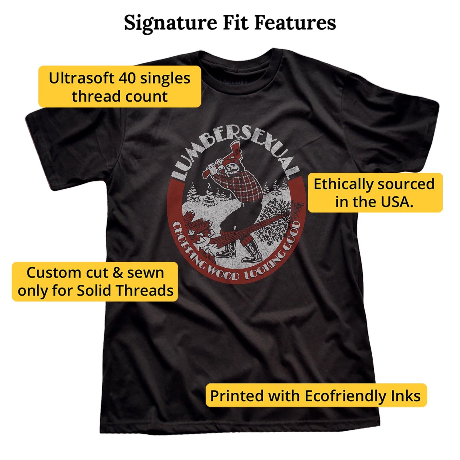 Lumbersexual, Chopping Wood Looking Good Vintage Signature T-shirt in Black - Fit Attributes