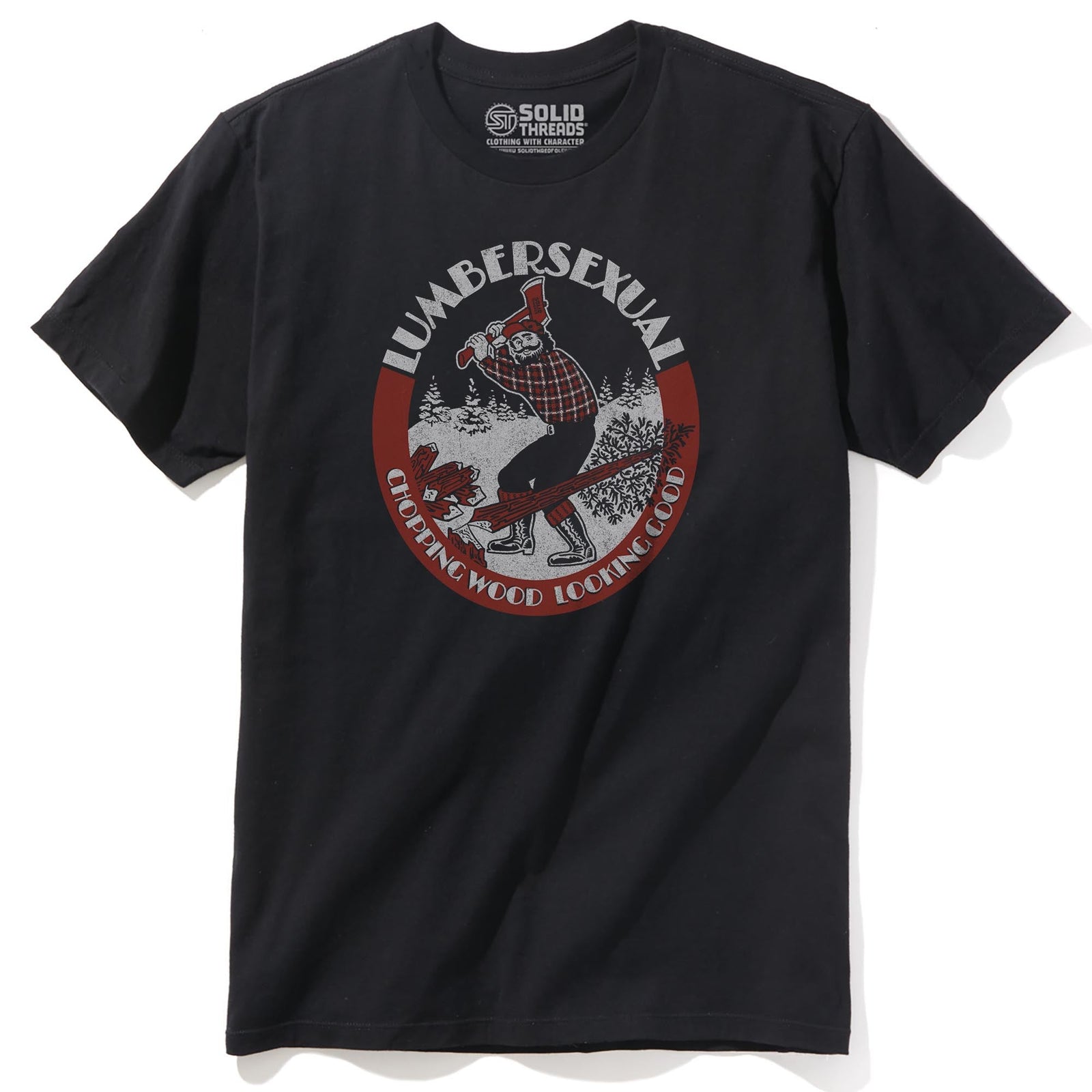 Lumbersexual, Chopping Wood Looking Good Vintage Staple T-shirt in Black - Front View