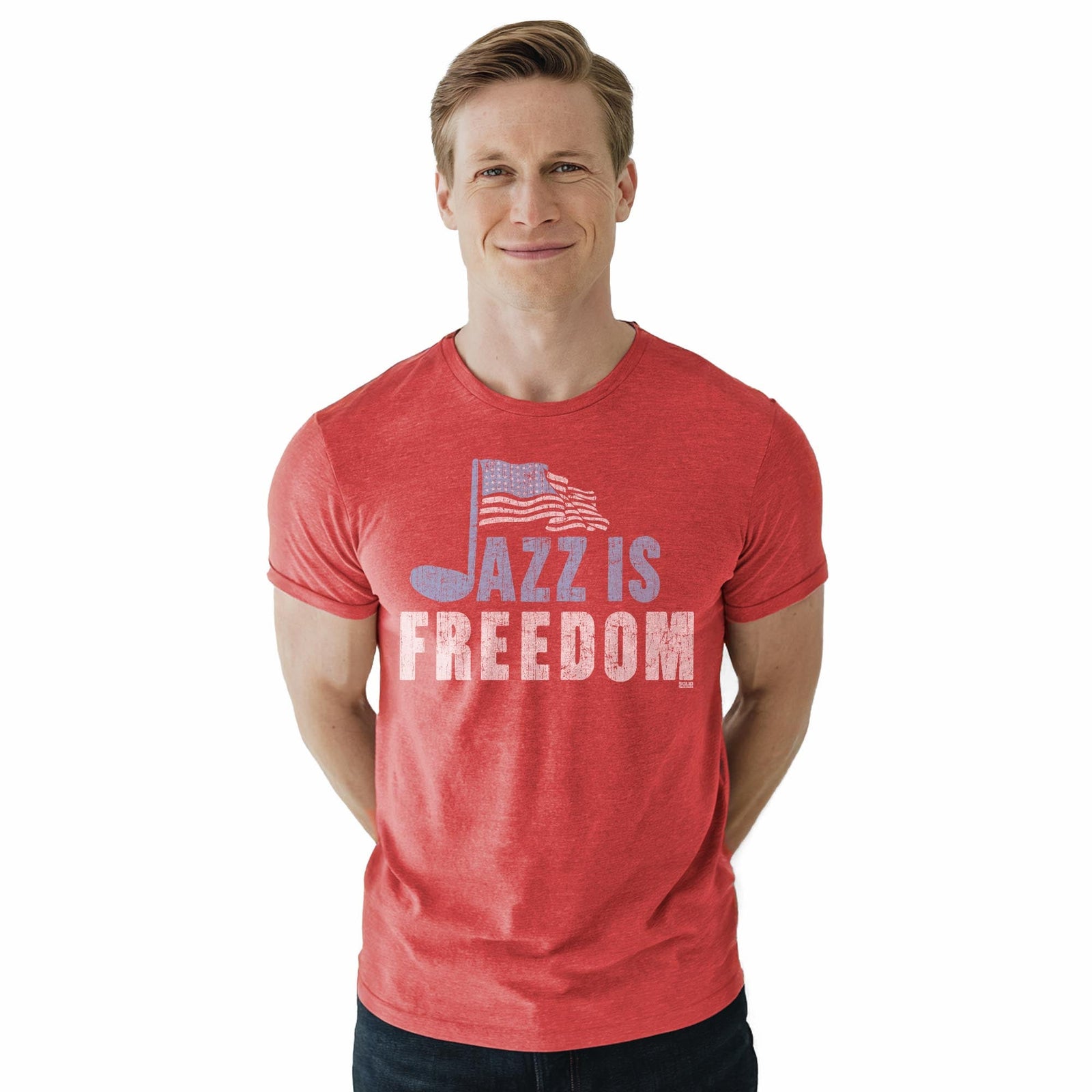 Jazz Is Freedom Cool Staple T-shirt in Red Heather On Model - Front View