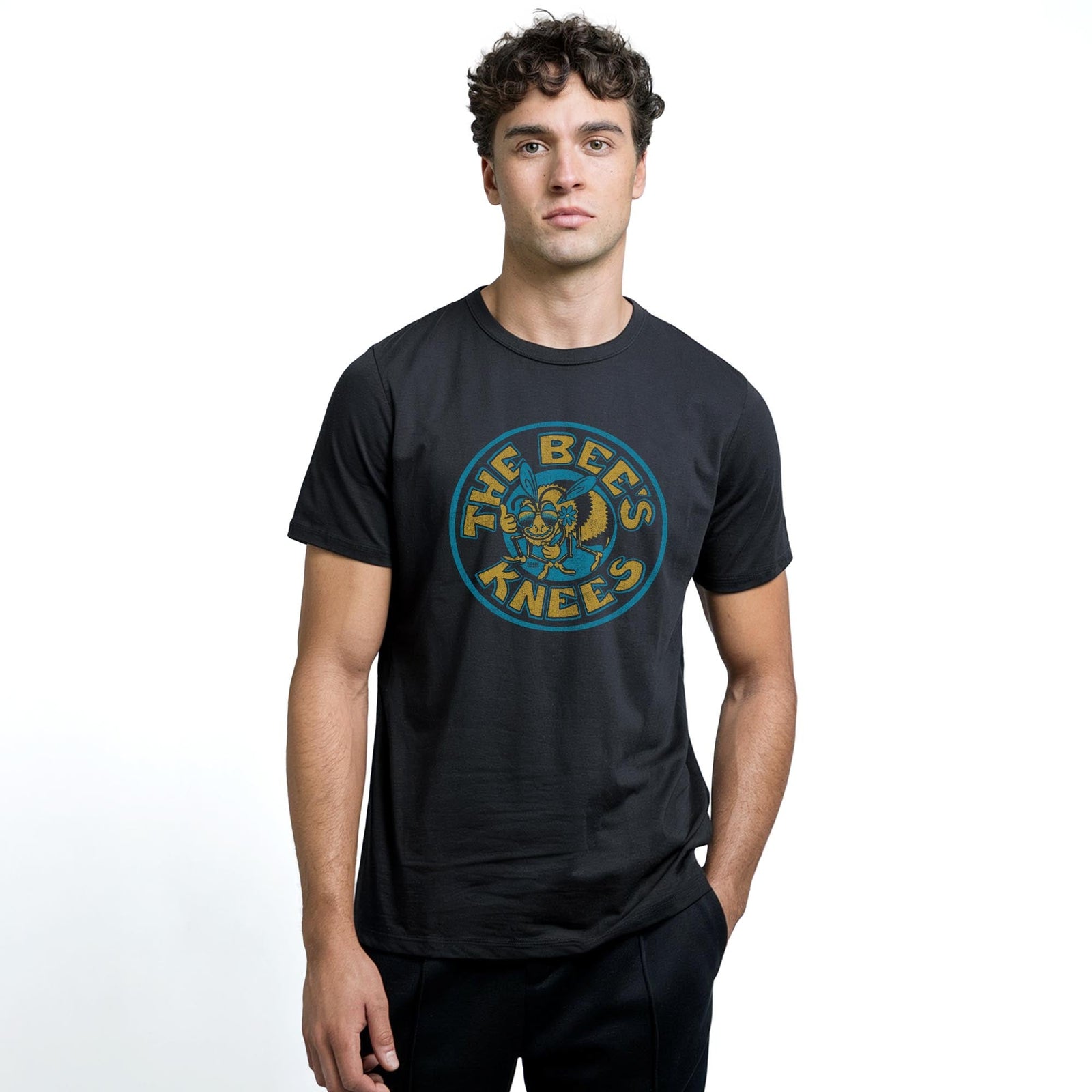 The Bee's Knees Vintage Staple T-shirt in Black On Model - Front View