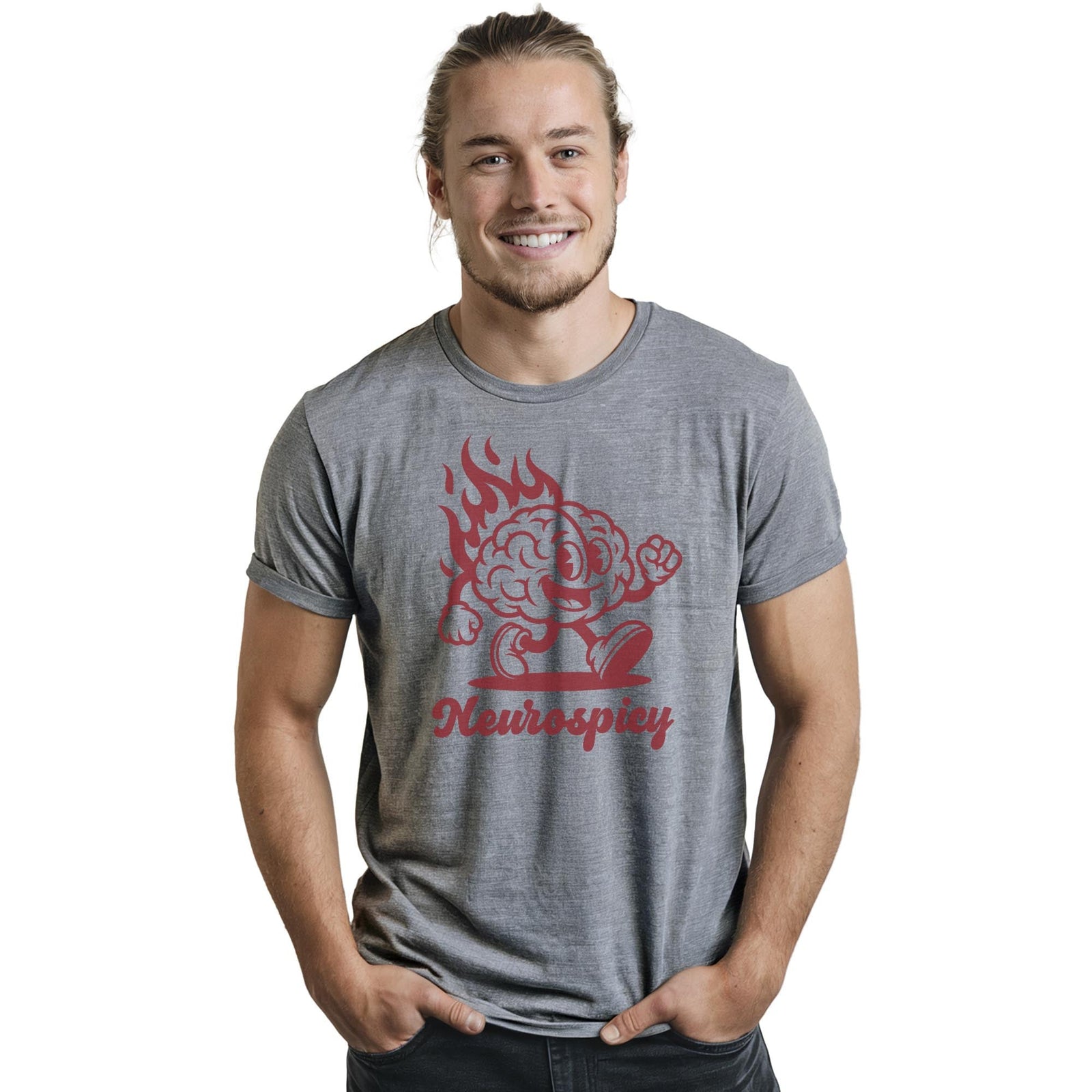 Neurospicy Funny Staple T-shirt in Ash Heather On Model - Front View