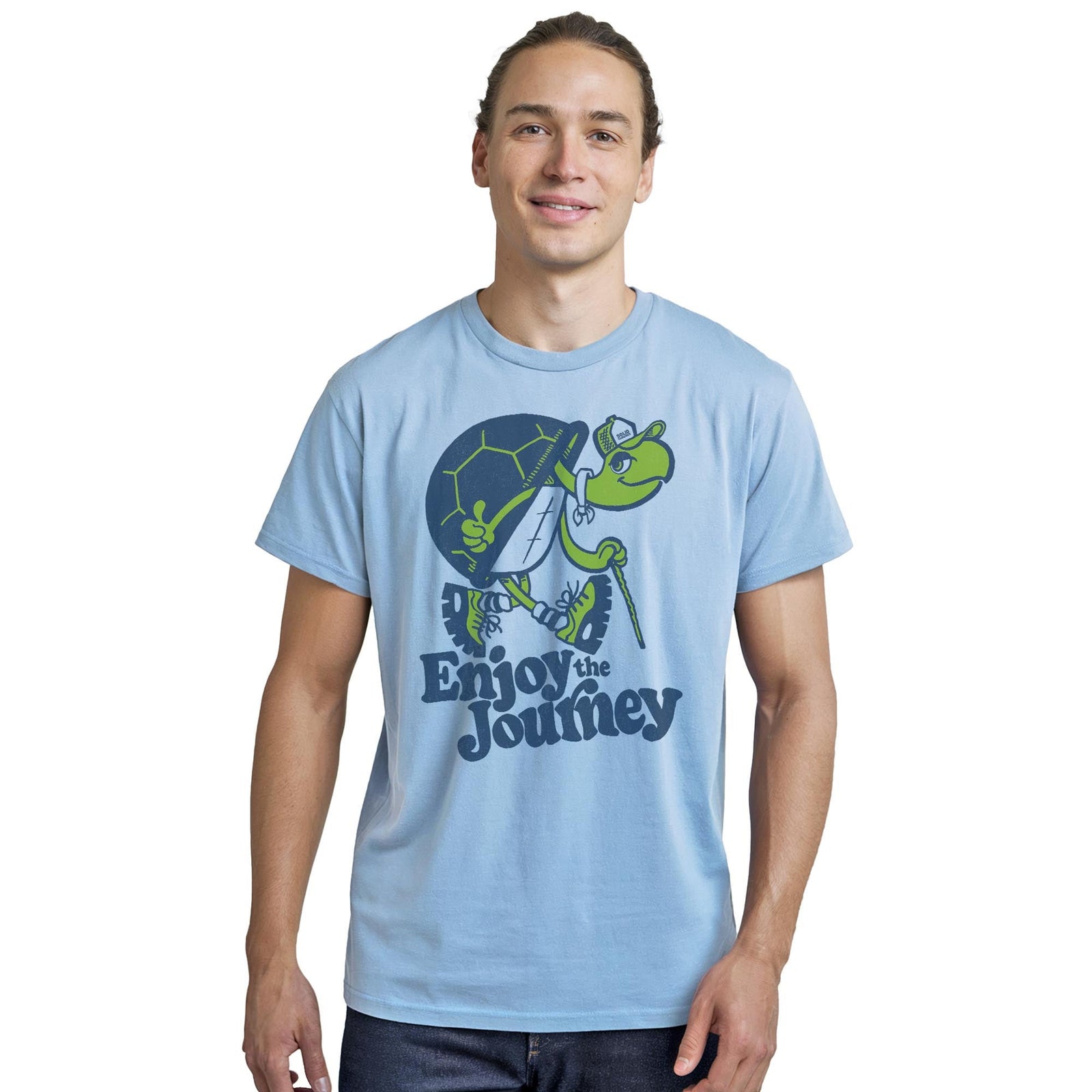 Turtle Enjoy The Journey Cool Staple T-shirt in Light Blue Heather On Model - Front View