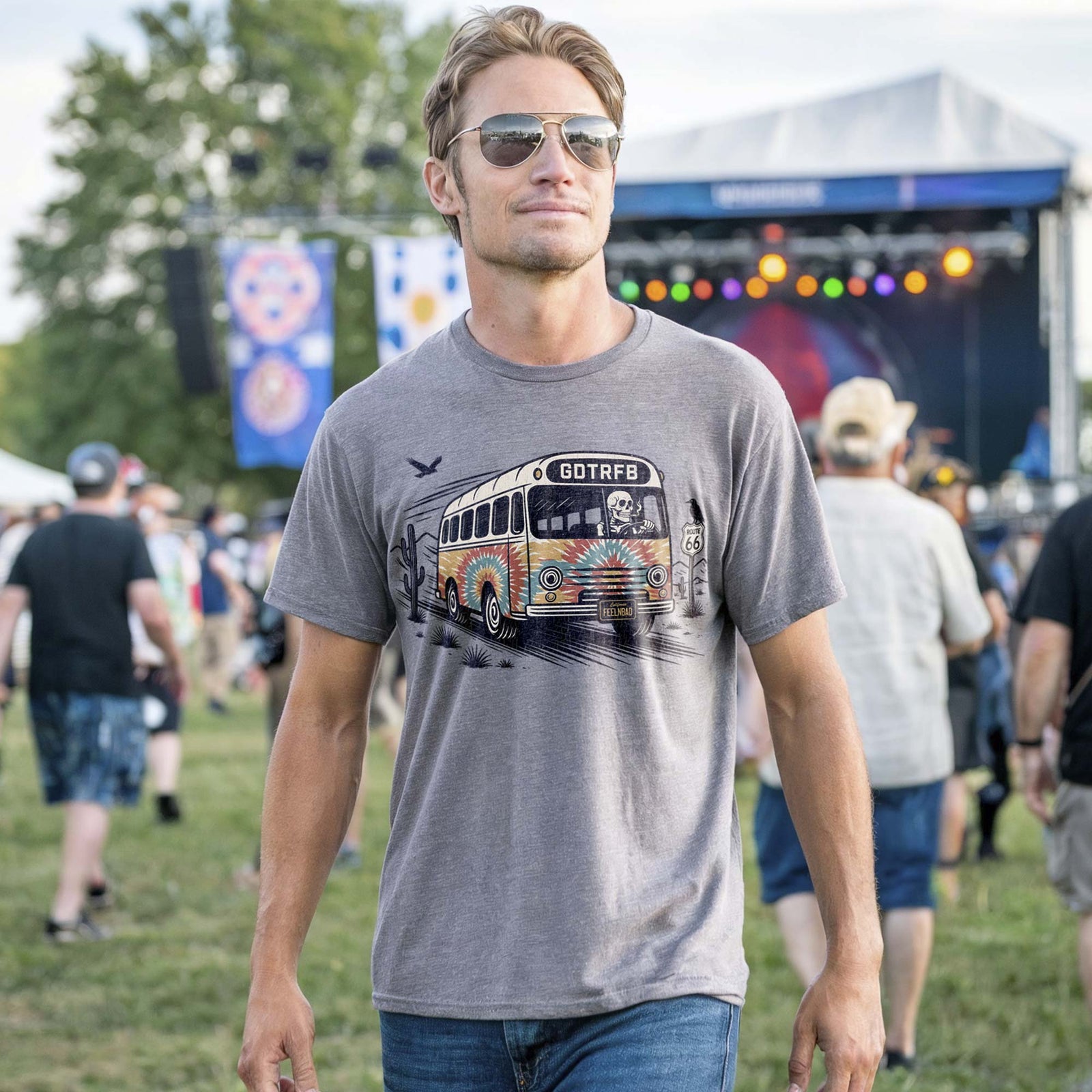 Men's Going Down The Road Feeling Bad Cool Signature T-Shirt in Triblend Grey On Model Front View