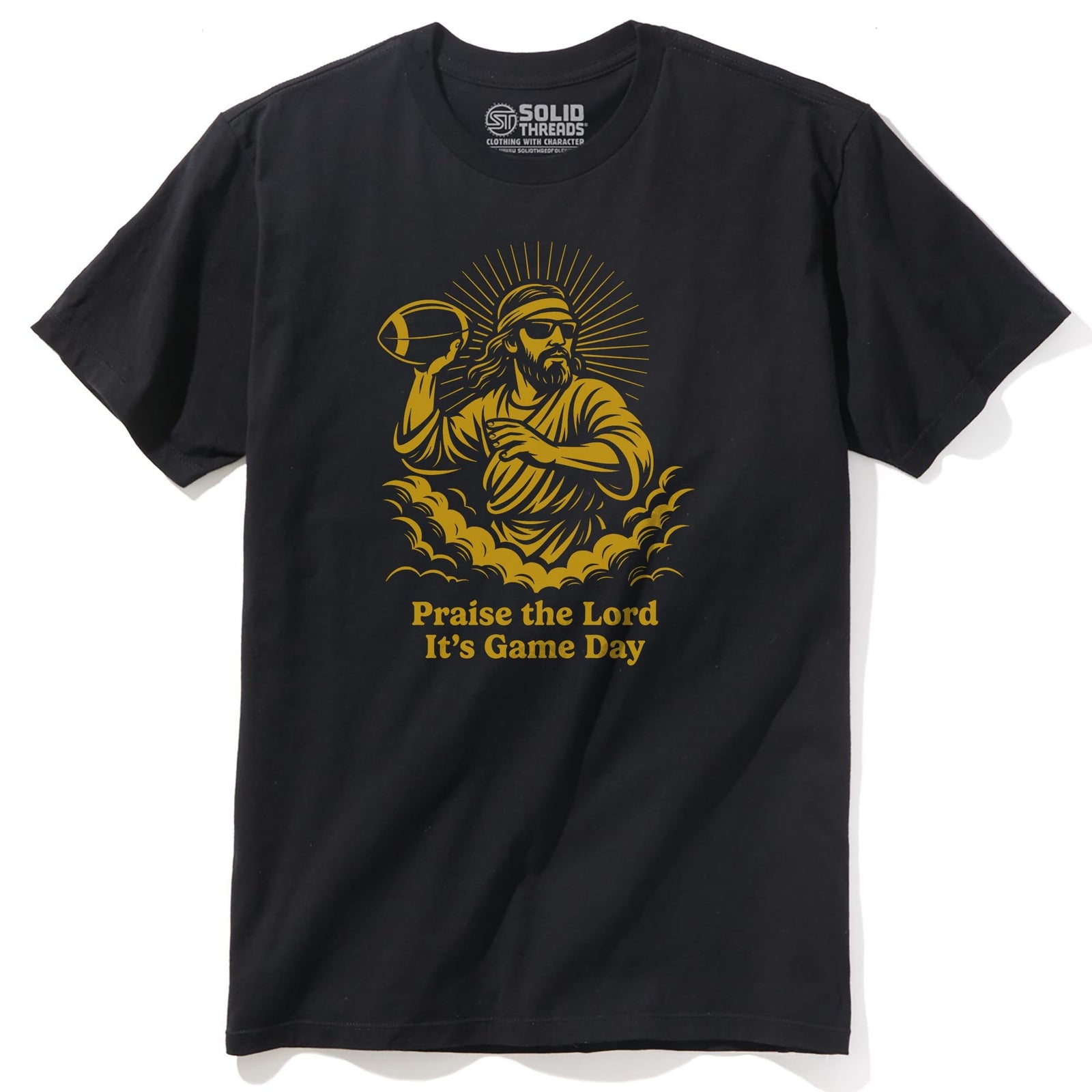Praise The Lord Its Gameday Funny Staple T-shirt in Black - Front View