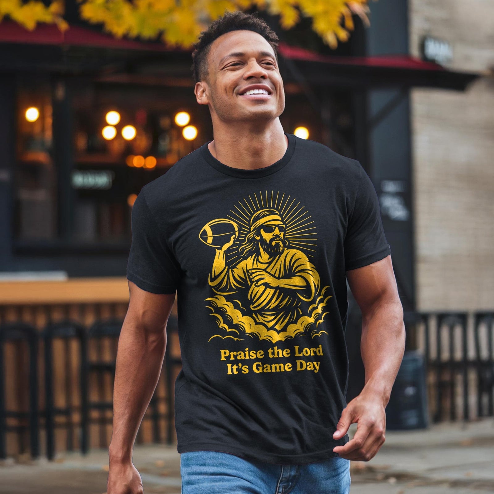 Men's Thank The Lord It's Gameday Cool Football Signature T-Shirt in Black On Model - Front View