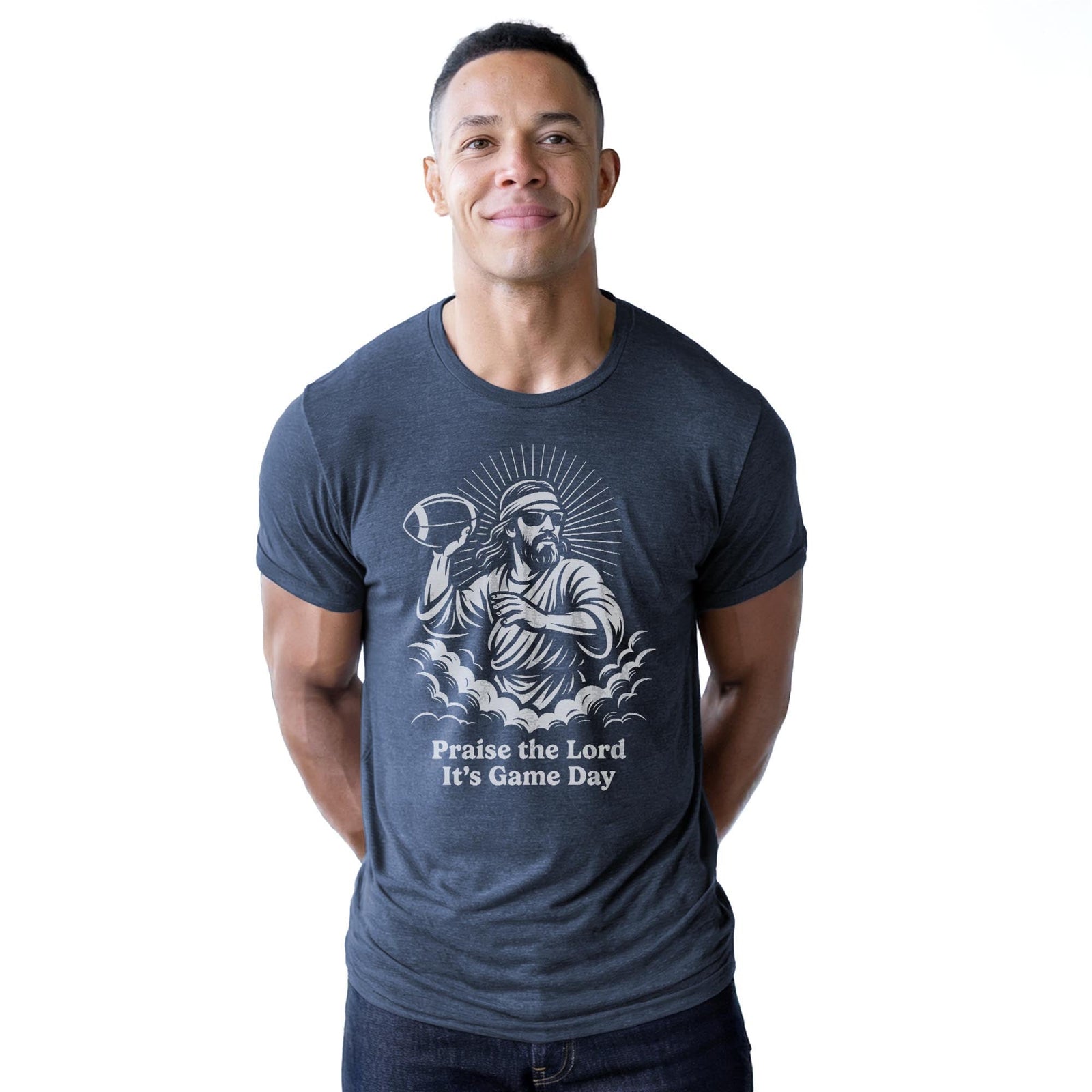 Praise The Lord Its Gameday Funny Staple T-shirt in Navy Heather On Model - Front View
