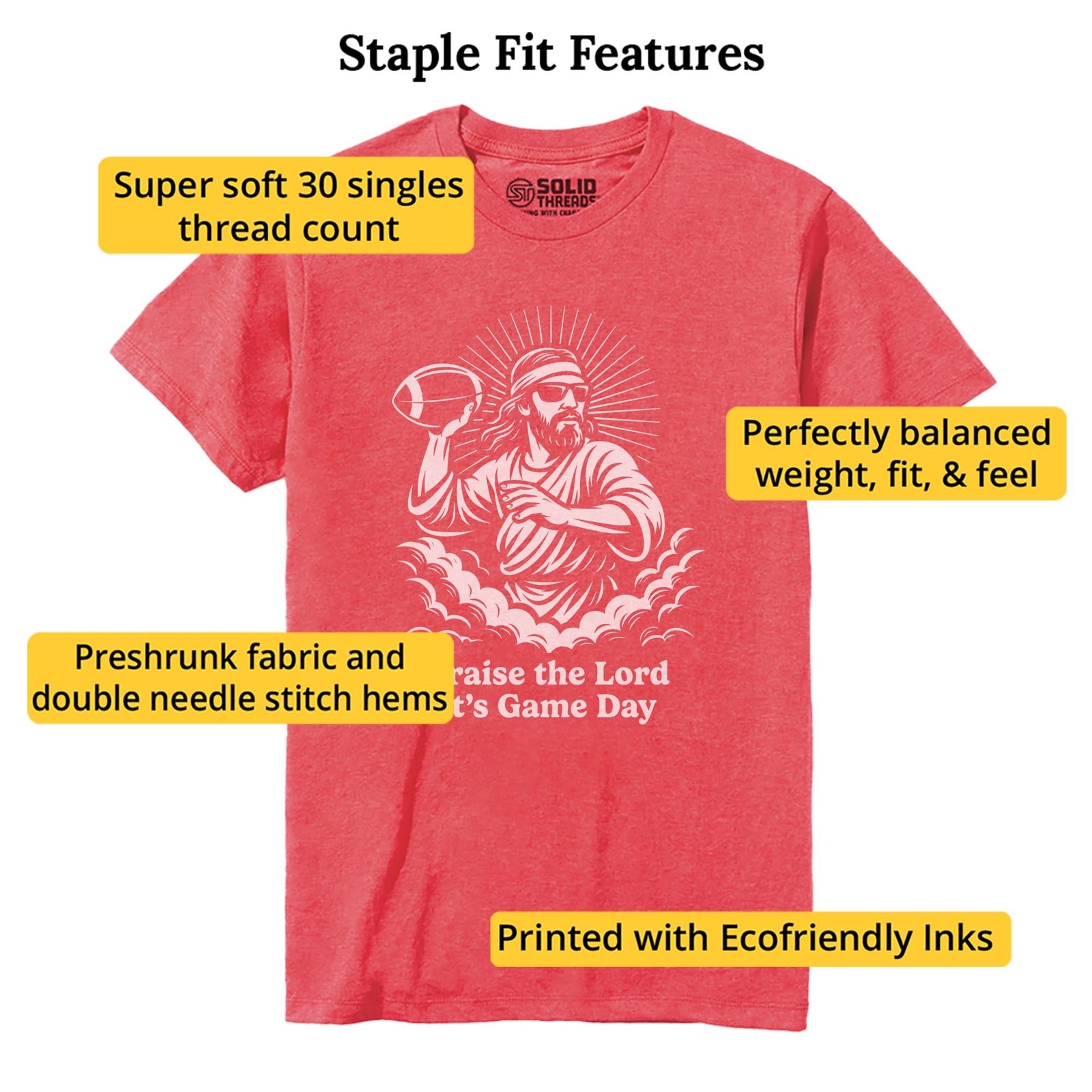 Praise The Lord Its Gameday Funny Staple T-shirt in Red Heather - Fit Attributes
