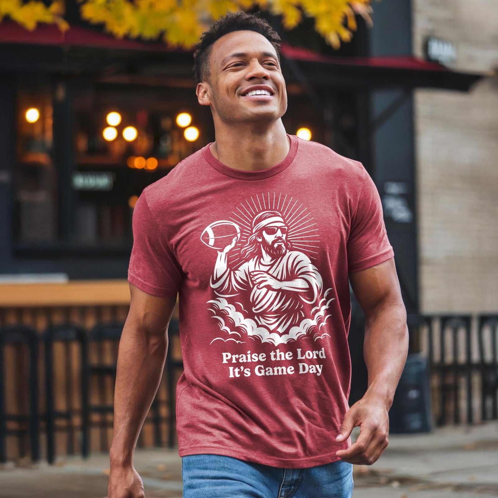 Men's Thank The Lord It's Gameday Funny Football Signature T-Shirt in Red - Front View