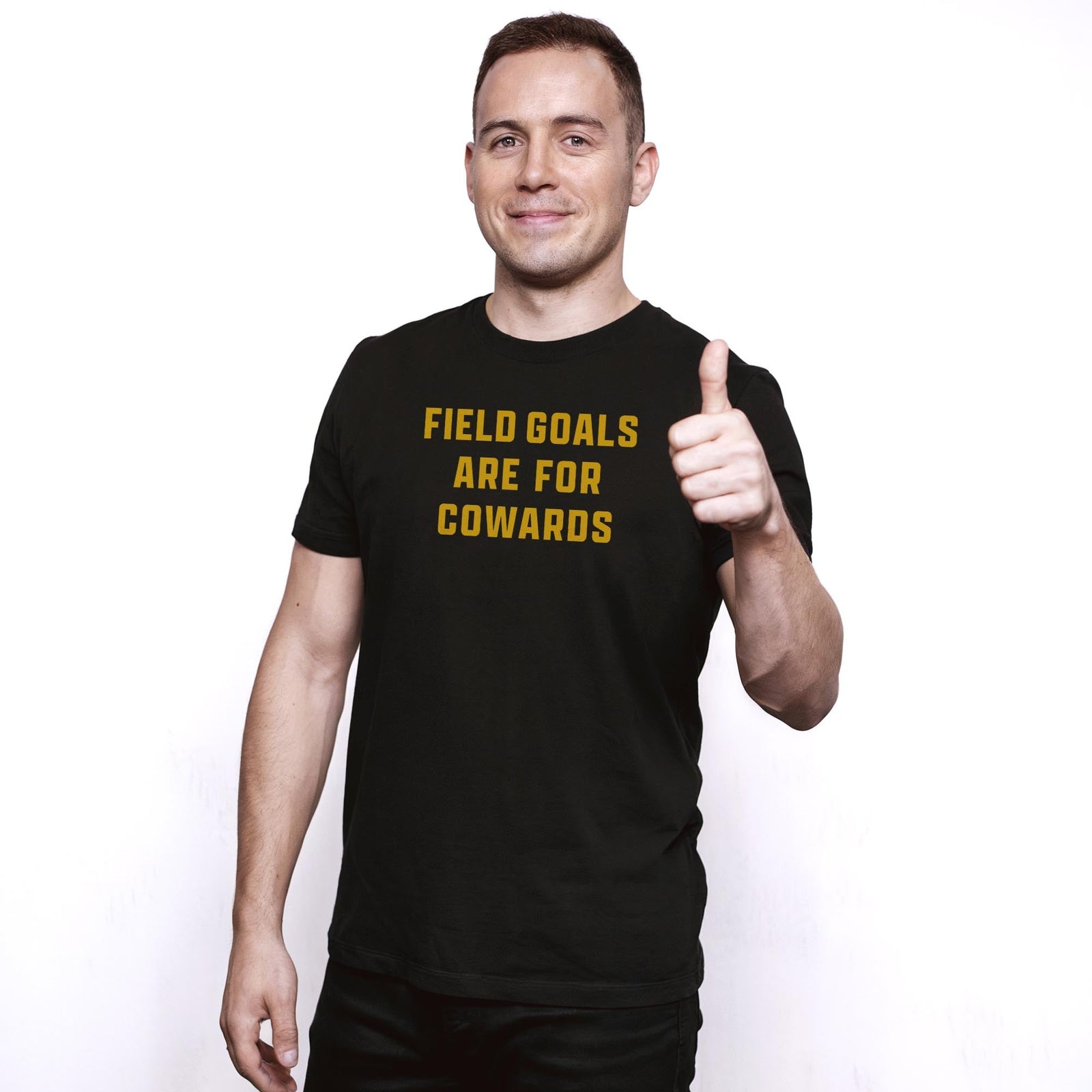 Field Goals Funny Staple T-shirt in Black On Model - Front View